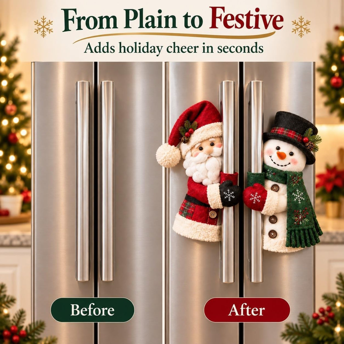 🎅⛄ Christmas Santa and Snowman Fridge Handle Covers--Fluffy Holiday Charm for Your Kitchen