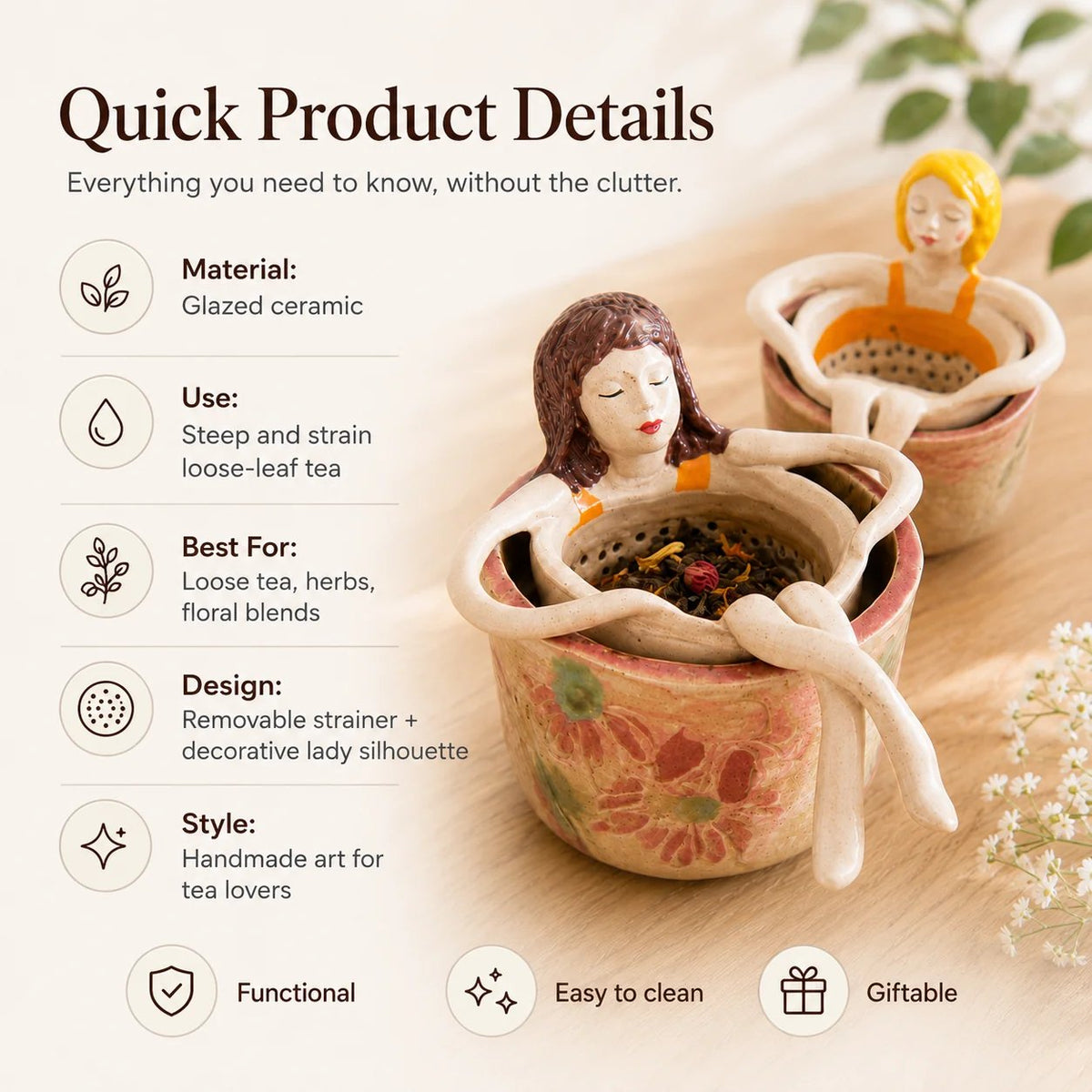 ☕🏺Whimsical Sitting Lady Ceramic Tea Strainer Collection