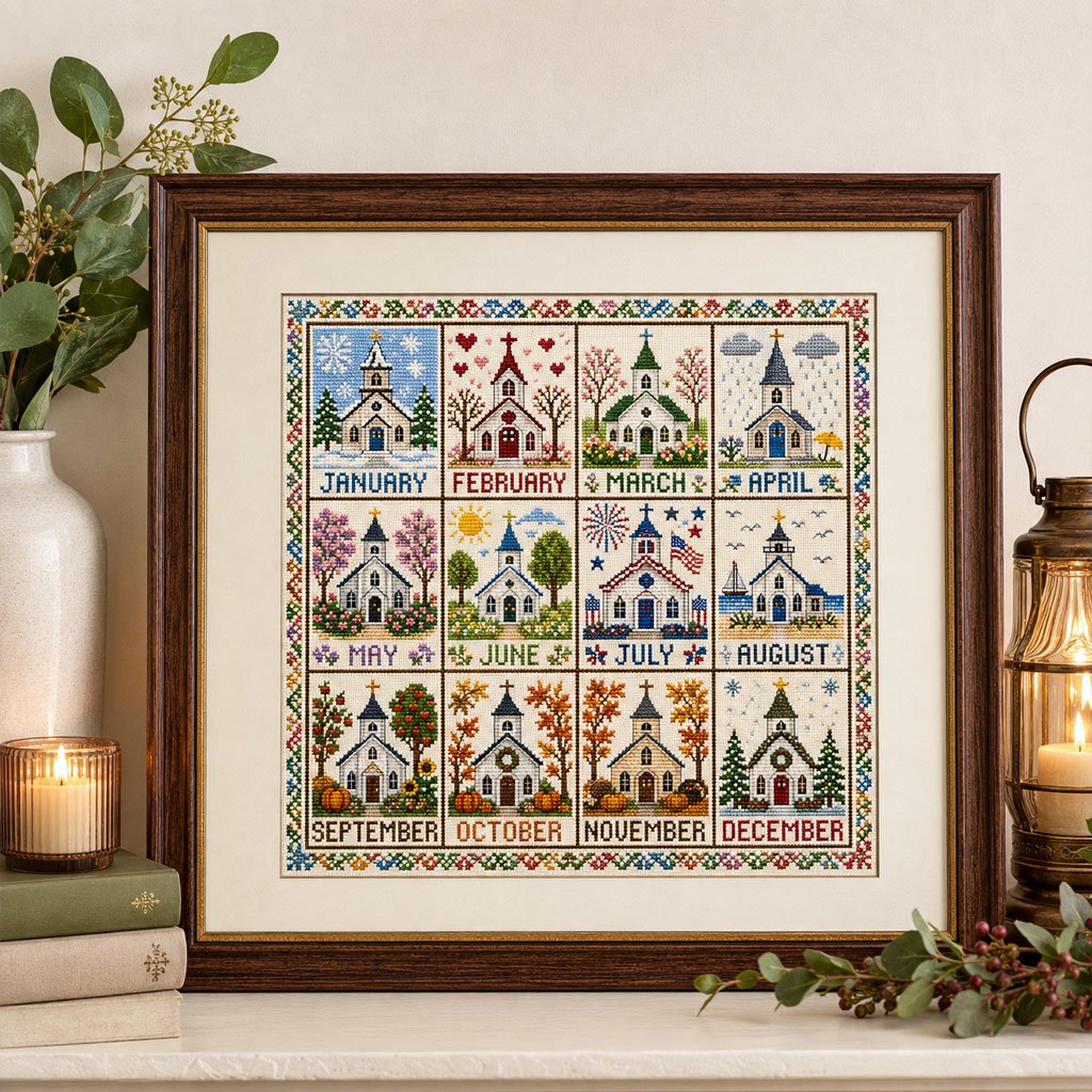 🌾🧵 12-Month Seasons & Holidays Cross Stitch Kit — pre‑printed fabric, so you can stitch without the counting