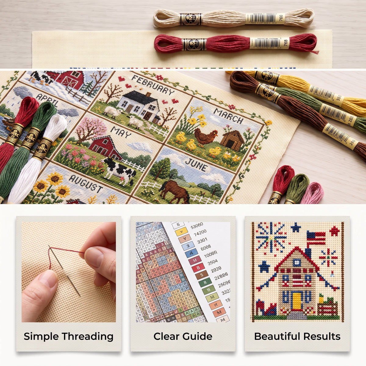 🌾🧵 12-Month Seasons & Holidays Cross Stitch Kit — pre‑printed fabric, so you can stitch without the counting
