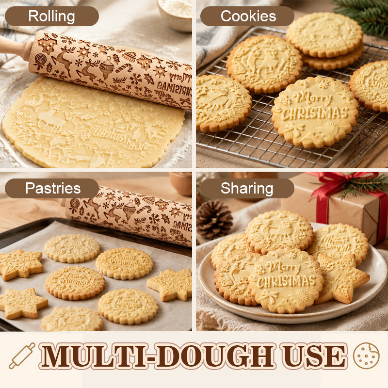 🎄🎨 Christmas Reindeer & Gingerbread Embossed Rolling Pin — roll once, and your biscuits come out patterned and festive