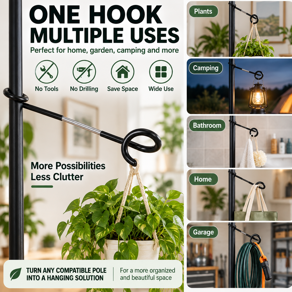 🪴🔧 No-Drill Plant Pole Hanging Hook--turn a vertical pole into extra hanging space