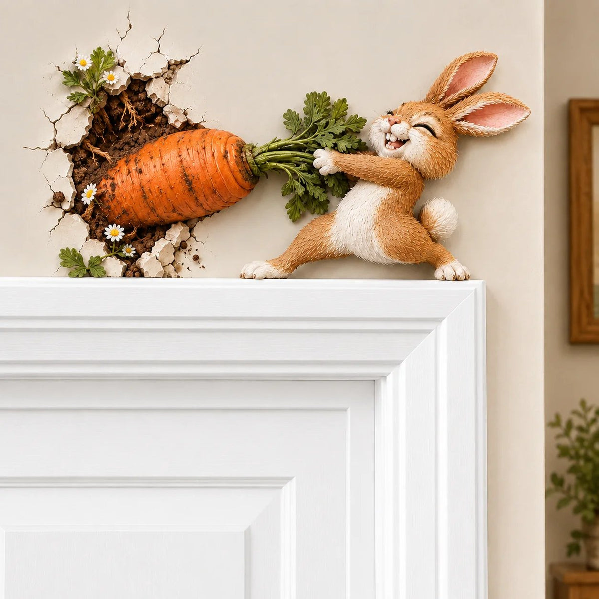 🐰🥕 Funny Bunny Pulling Carrot Wall Decor — Wall-Breakthrough Wooden Spring & Easter Decoration