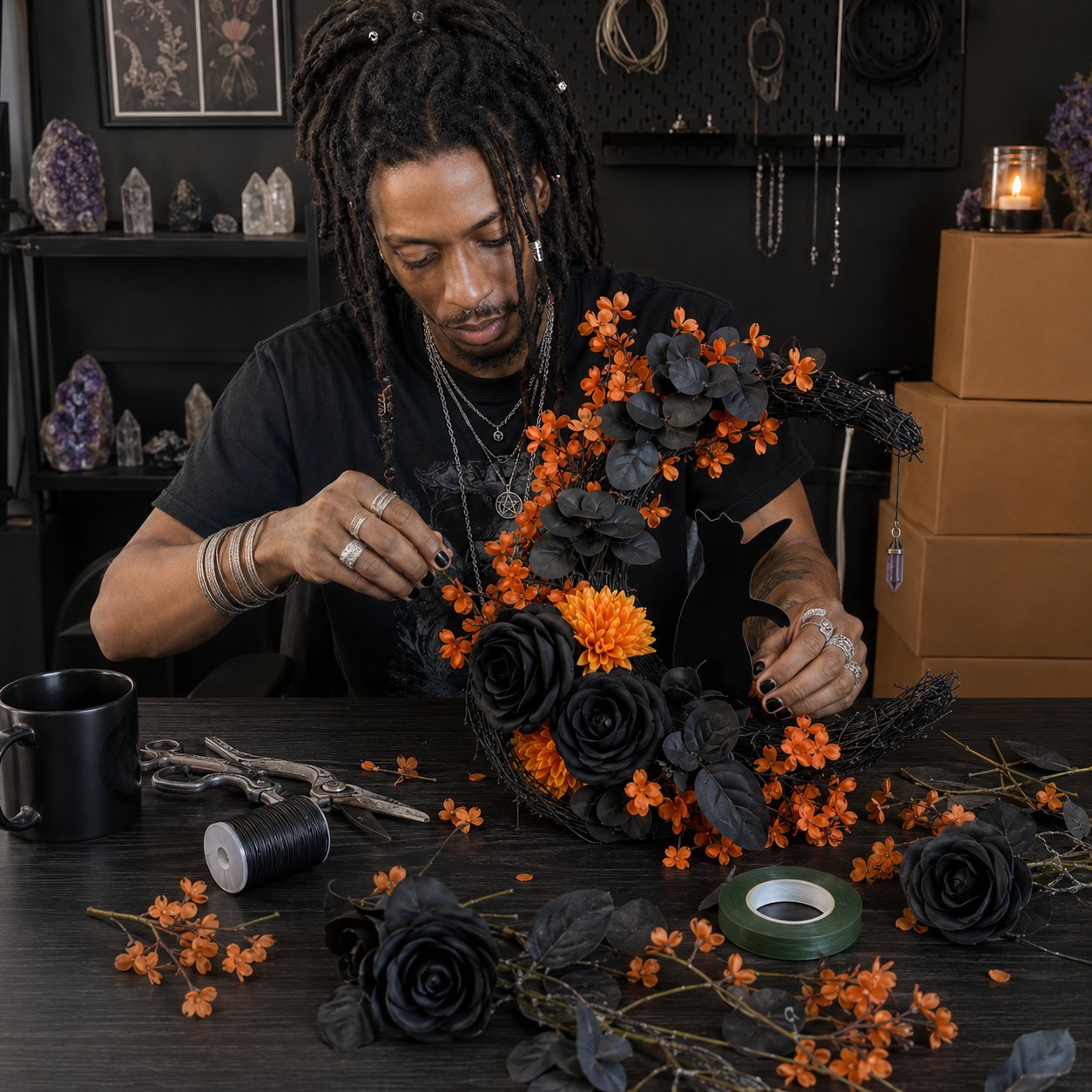 🐈⬛ Black Cat Halloween Wreath: Handcrafted Gothic Door & Autumn Decor! 🌙