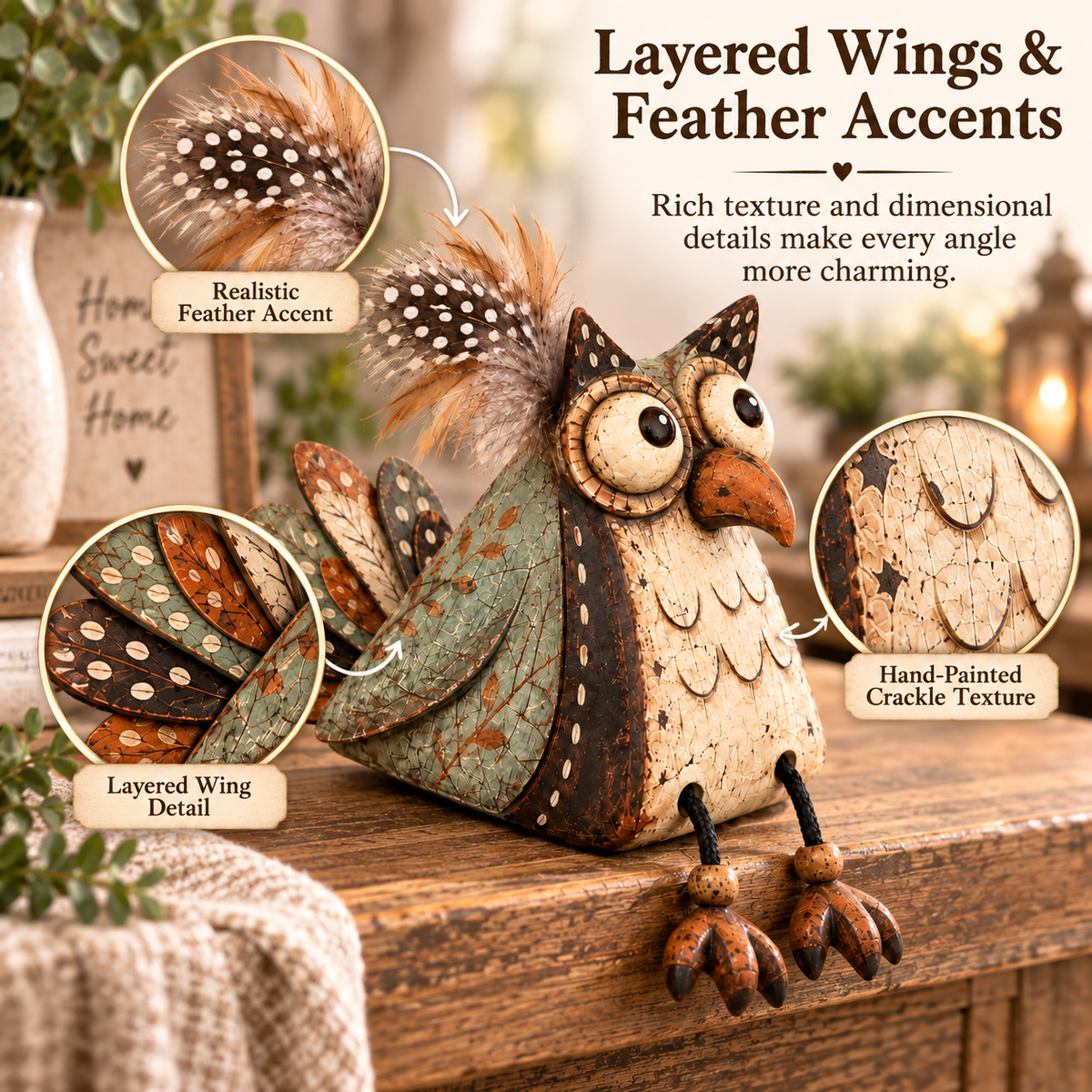 🦉🏡 Rustic Owl Shelf Sitter — Whimsical Farmhouse Figurine with Dangling Legs