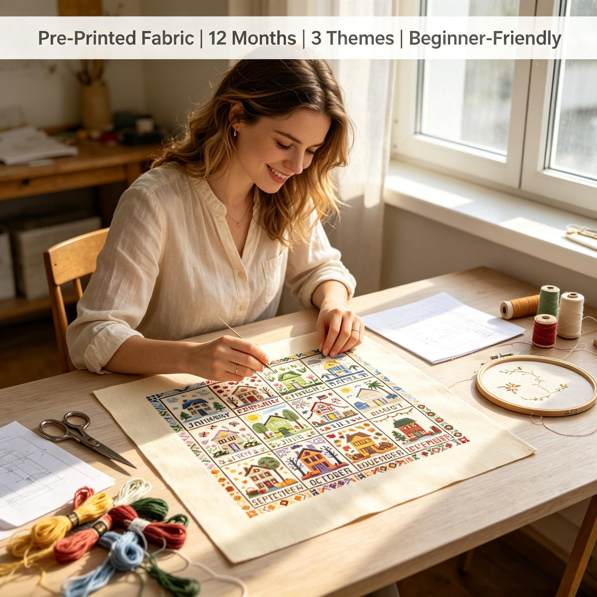 🌾🧵 12-Month Seasons & Holidays Cross Stitch Kit — pre‑printed fabric, so you can stitch without the counting
