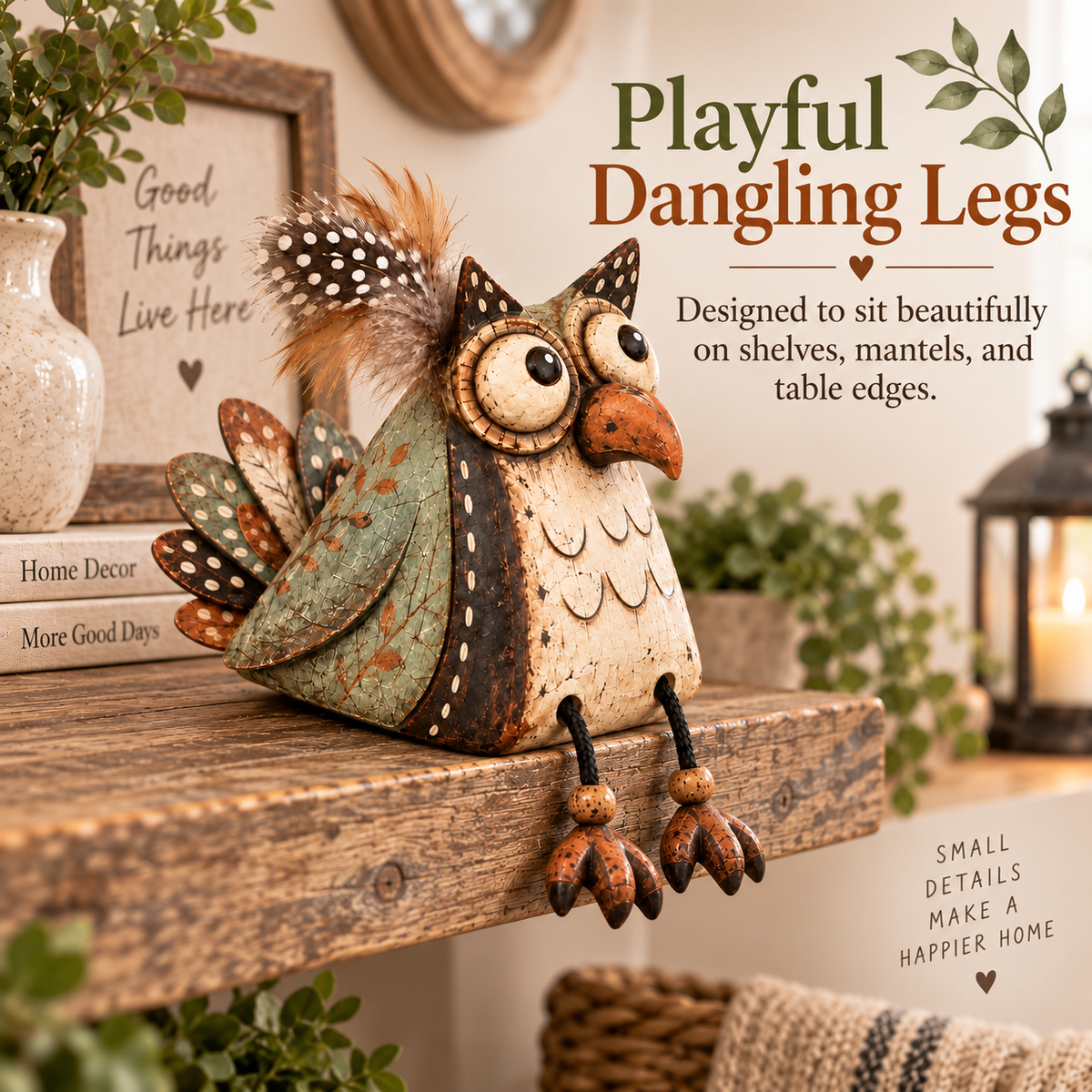 🦉🏡 Rustic Owl Shelf Sitter — Whimsical Farmhouse Figurine with Dangling Legs