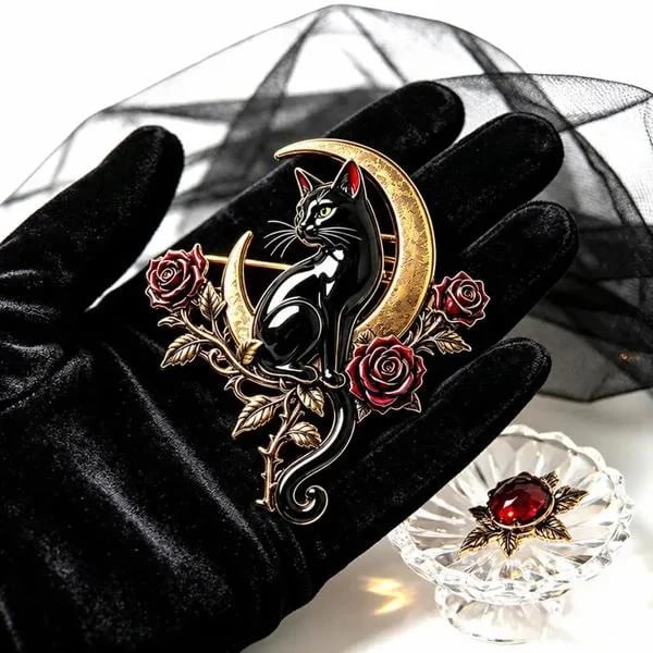 🐈‍⬛ Black Cat Crescent Moon Brooch--Wear a Little Midnight Magic🌙
