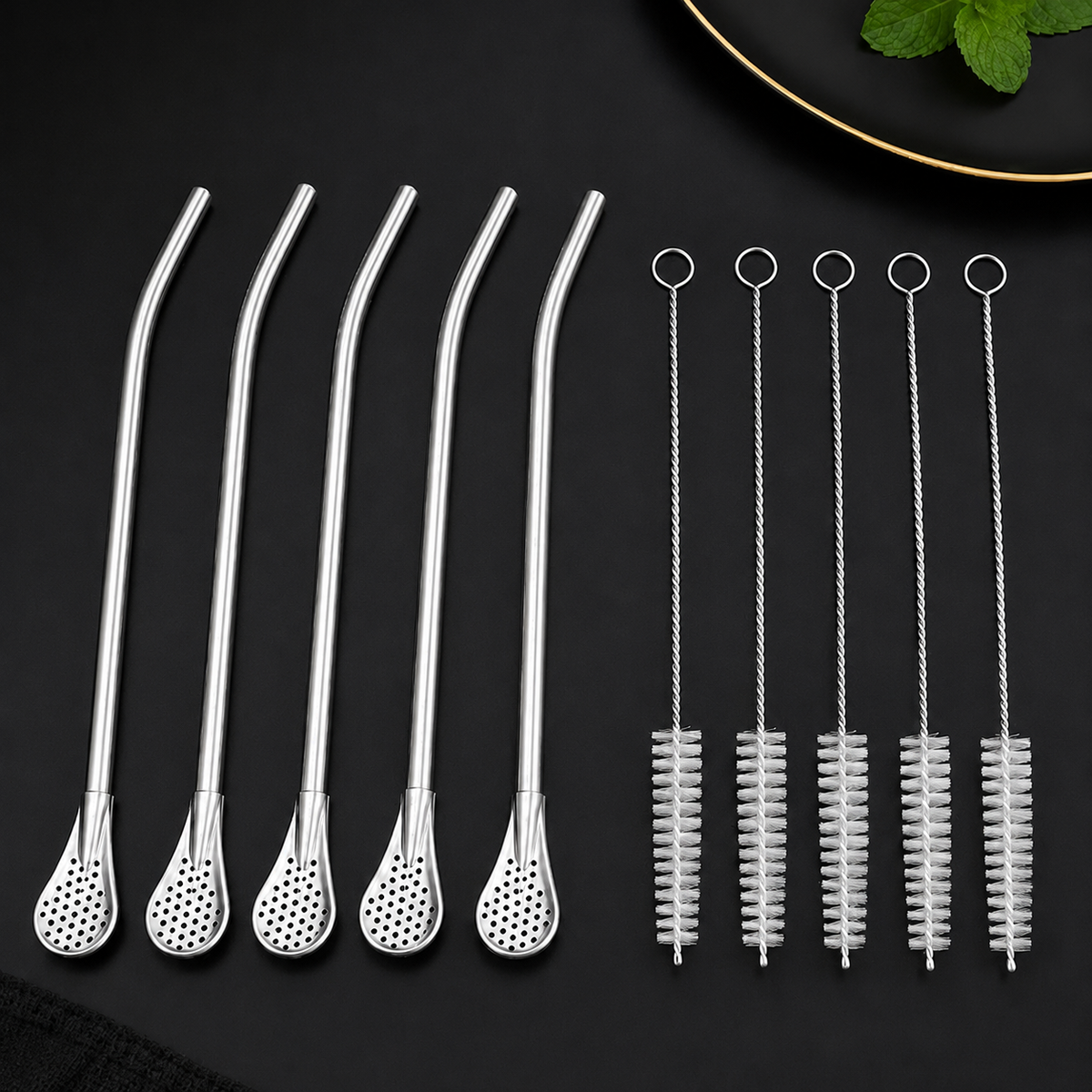 🥤2-in-1 Stainless Steel Straw & Spoon- Built-in Filter, Stirrer & Cleaning Brush