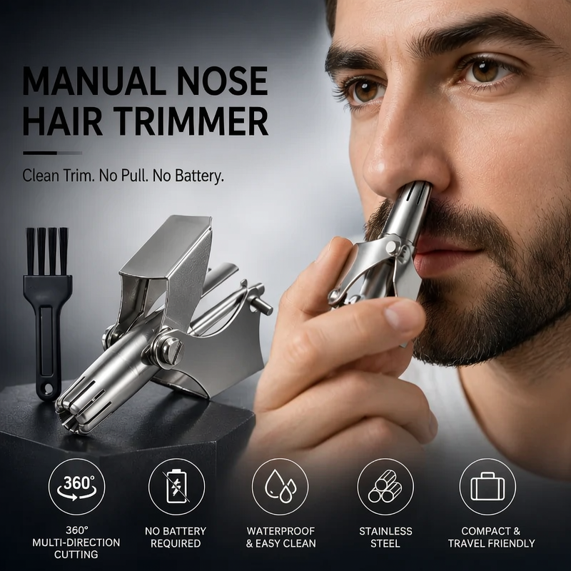 ✂️ PKAIRO™ Manual Stainless Steel Nose & Ear Hair Trimmer — Battery-Free Precision Grooming Tool