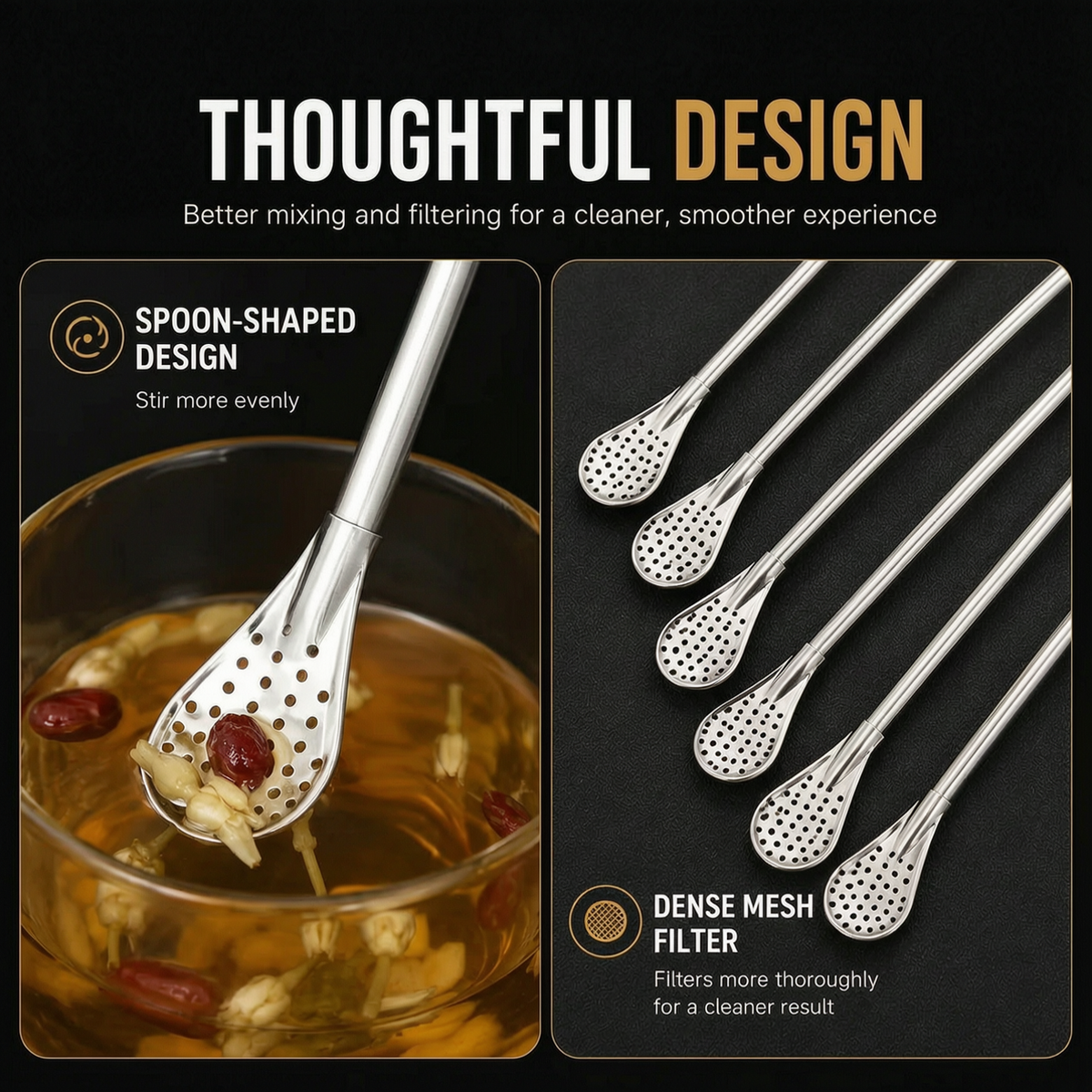 🥤2-in-1 Stainless Steel Straw & Spoon- Built-in Filter, Stirrer & Cleaning Brush