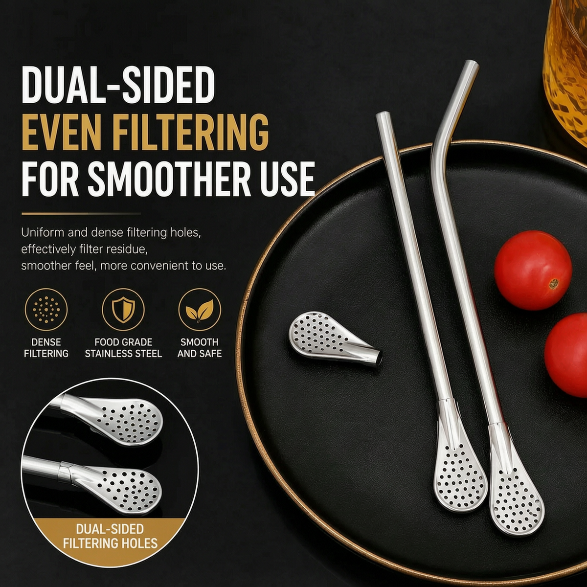 🥤2-in-1 Stainless Steel Straw & Spoon- Built-in Filter, Stirrer & Cleaning Brush