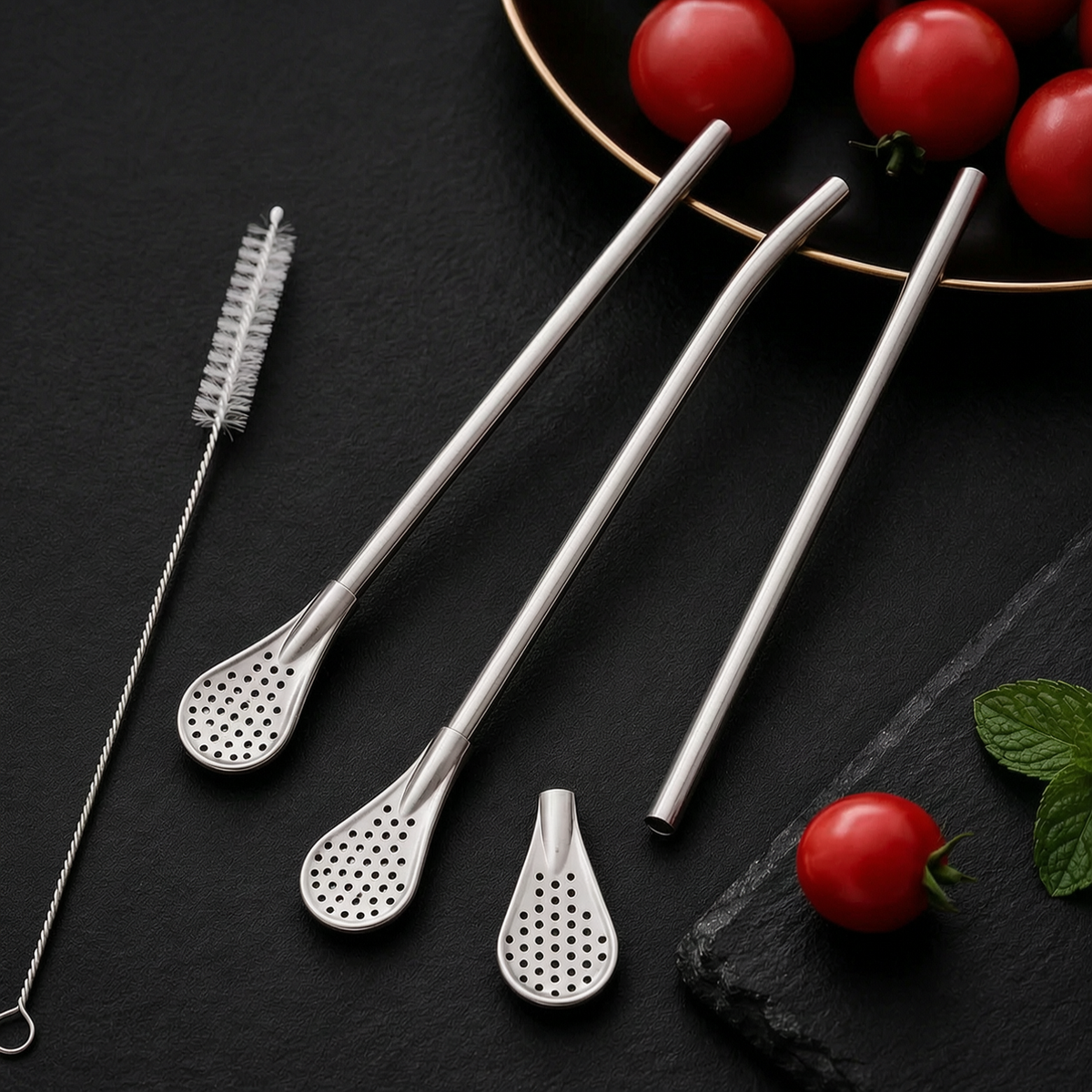 🥤2-in-1 Stainless Steel Straw & Spoon- Built-in Filter, Stirrer & Cleaning Brush