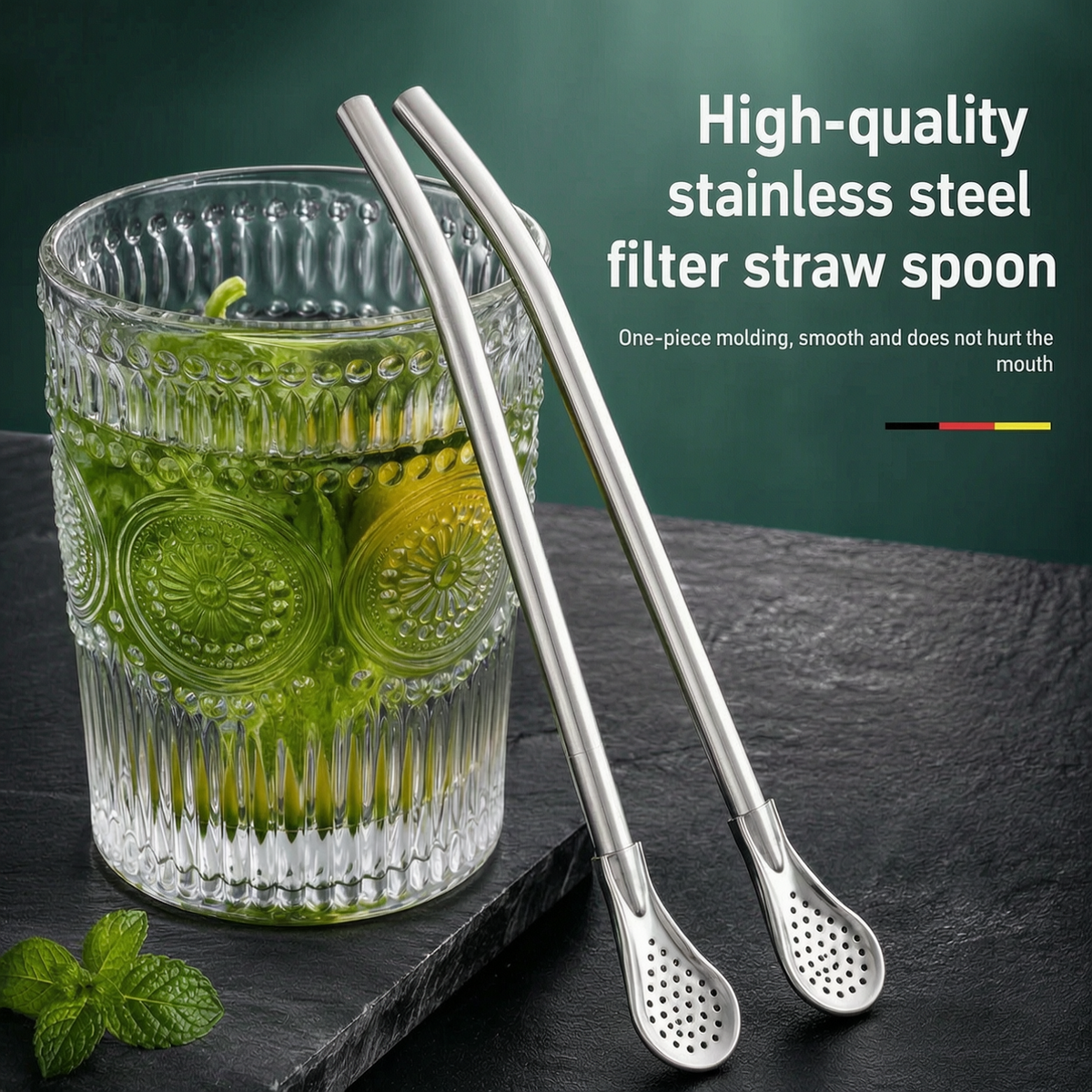 🥤2-in-1 Stainless Steel Straw & Spoon- Built-in Filter, Stirrer & Cleaning Brush