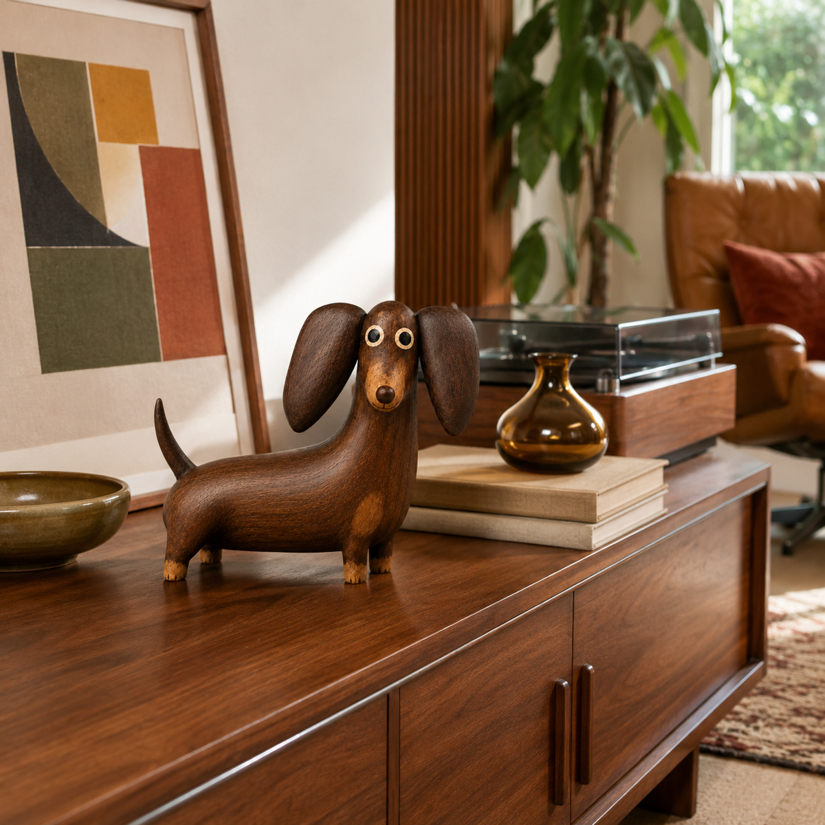 🐾🪵 Wood‑Look Dachshund Sculpture — warm walnut tones