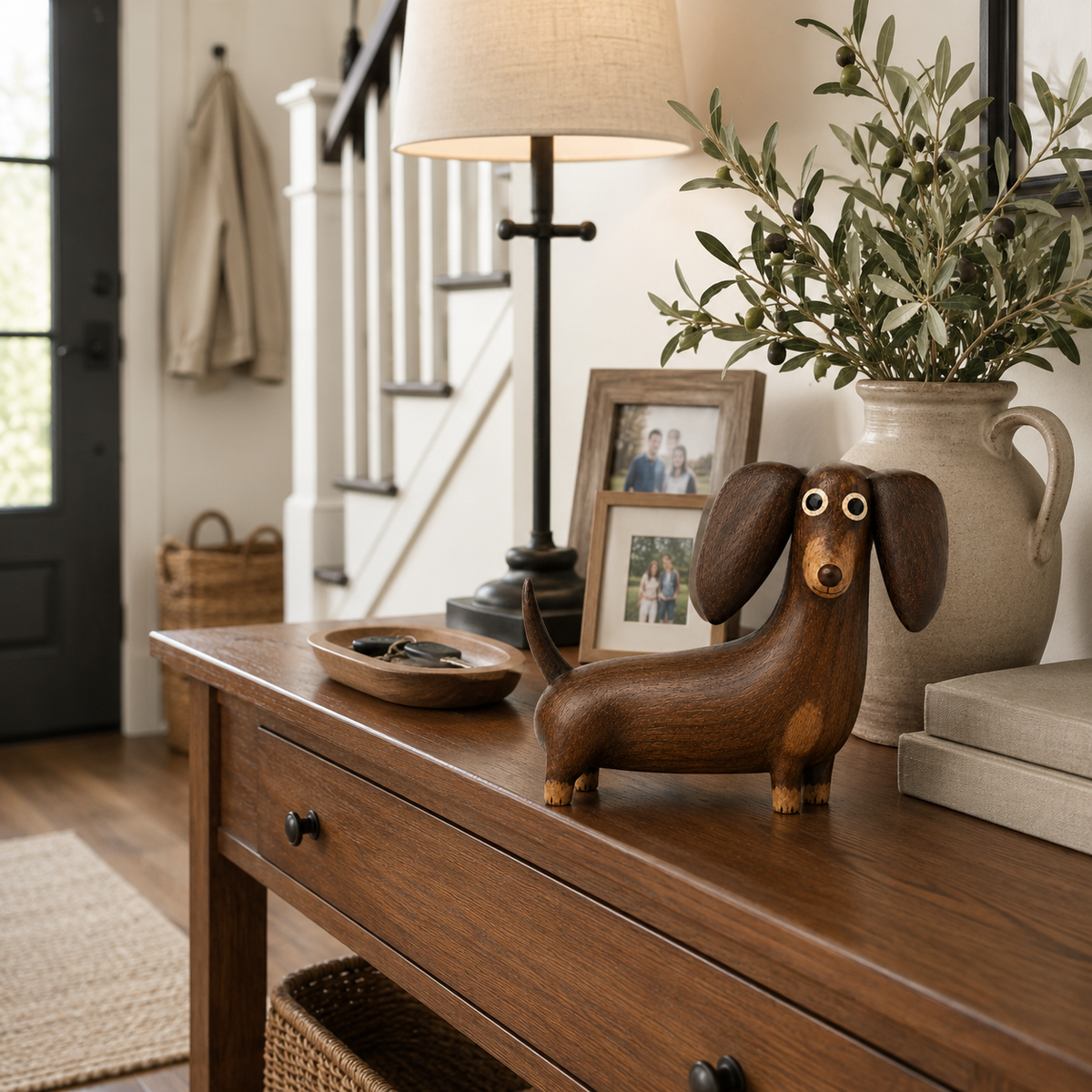 🐾🪵 Wood‑Look Dachshund Sculpture — warm walnut tones