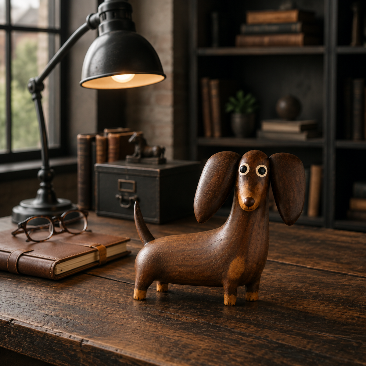 🐾🪵 Wood‑Look Dachshund Sculpture — warm walnut tones
