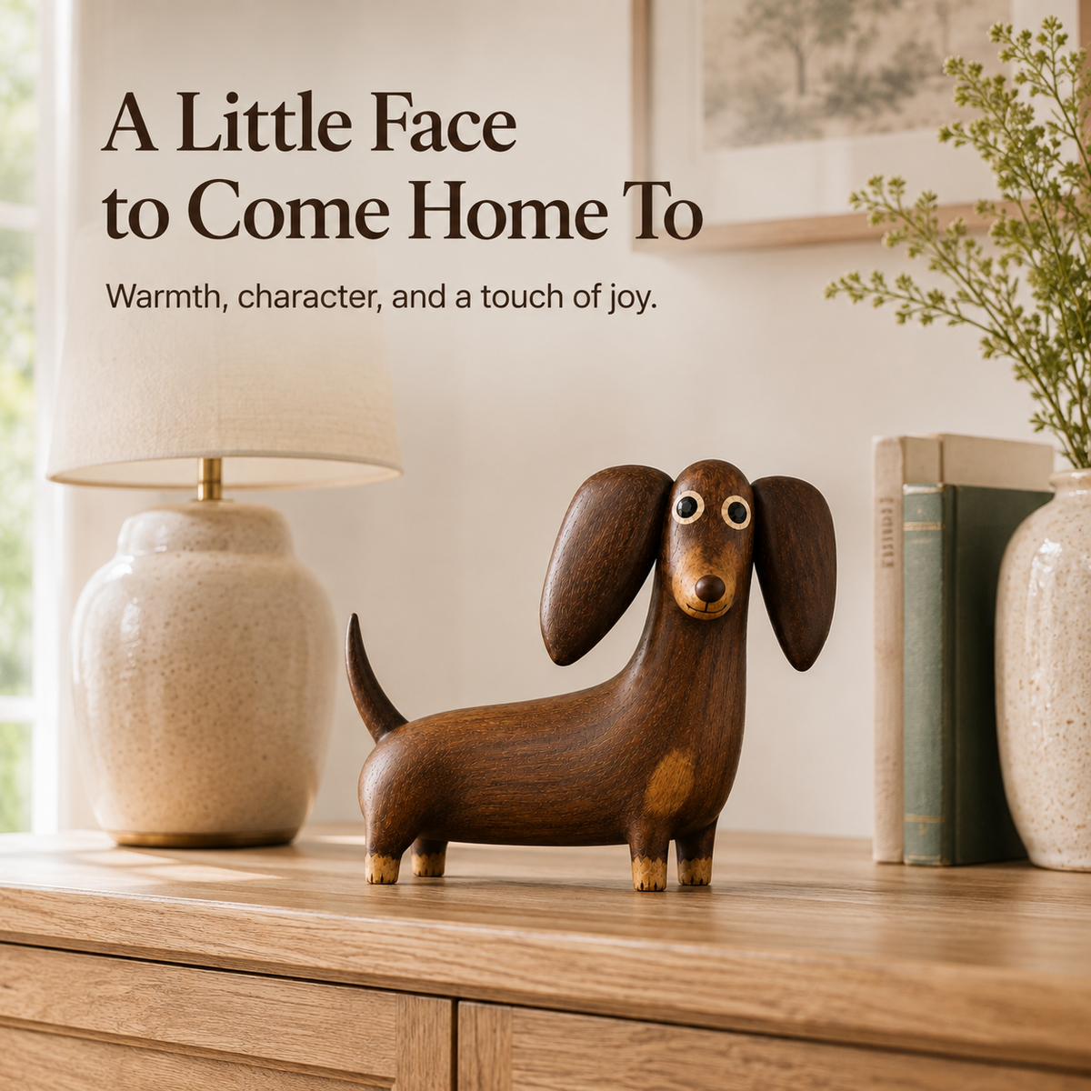 🐾🪵 Wood‑Look Dachshund Sculpture — warm walnut tones