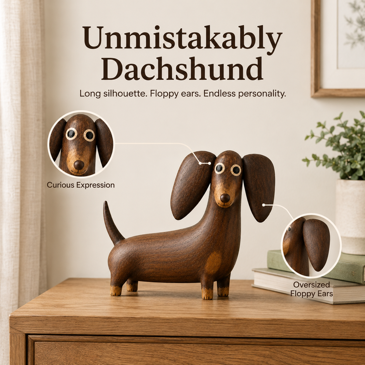 🐾🪵 Wood‑Look Dachshund Sculpture — warm walnut tones