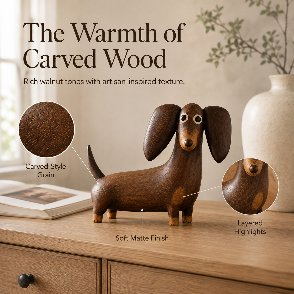 🐾🪵 Wood‑Look Dachshund Sculpture — warm walnut tones
