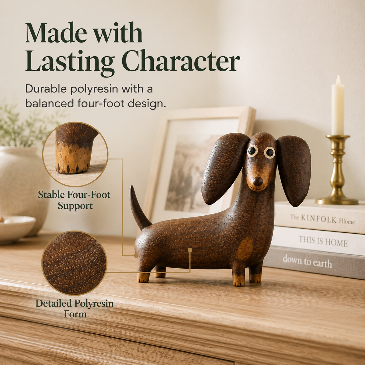 🐾🪵 Wood‑Look Dachshund Sculpture — warm walnut tones