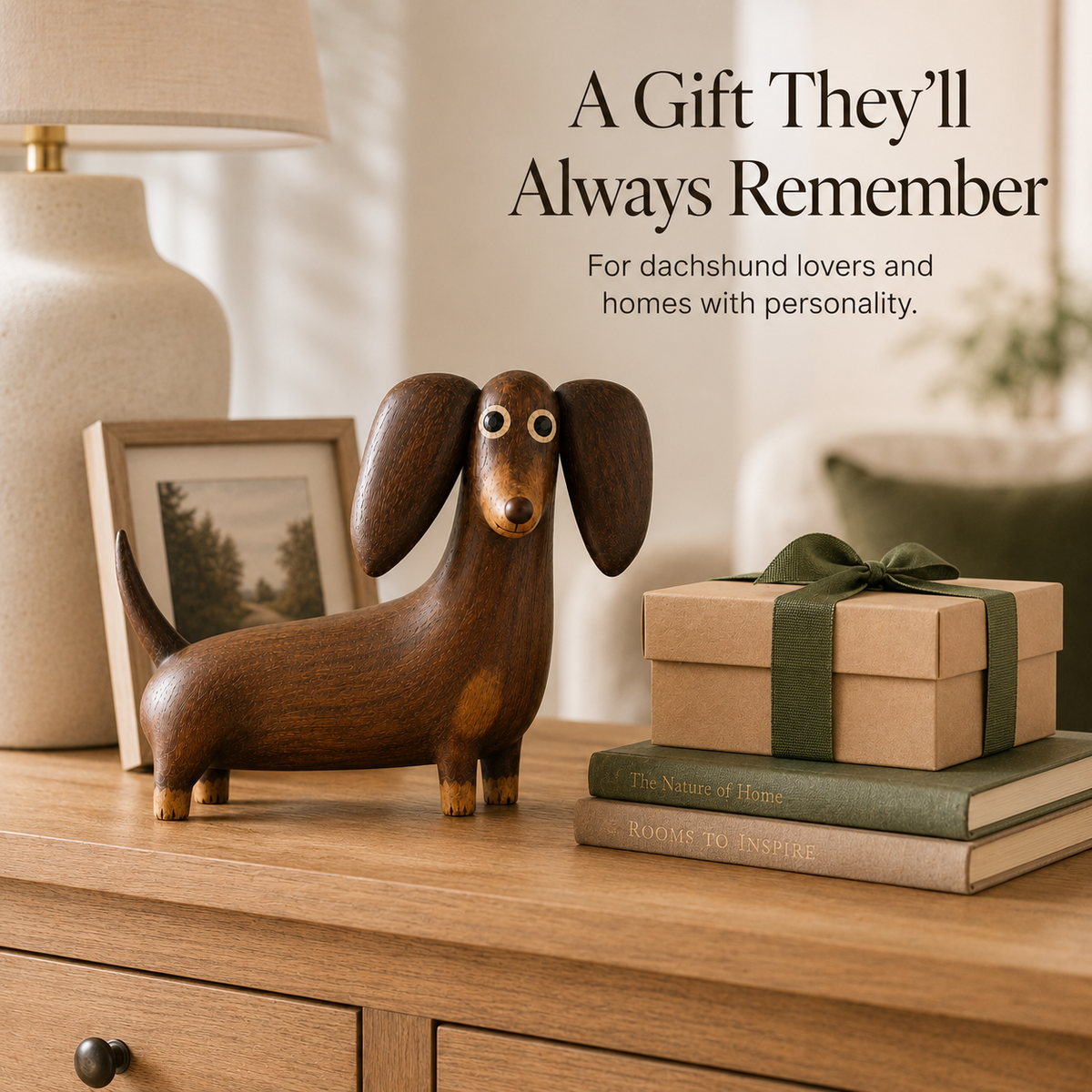 🐾🪵 Wood‑Look Dachshund Sculpture — warm walnut tones