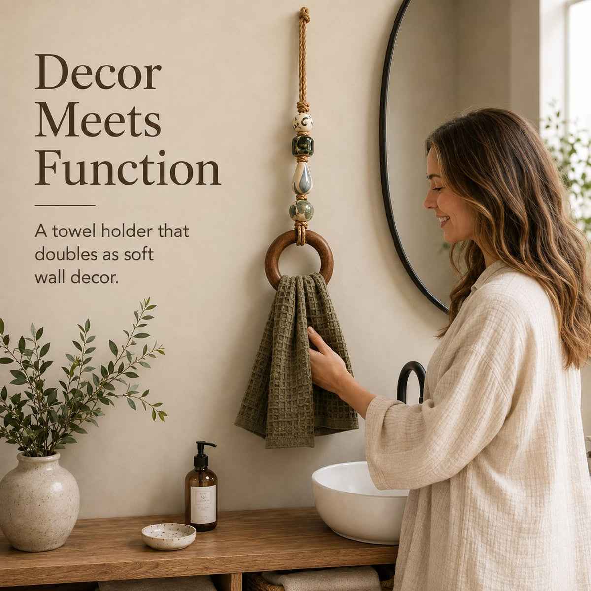 🧺🌿Decorative Beaded Towel Hanger with Wooden Ring