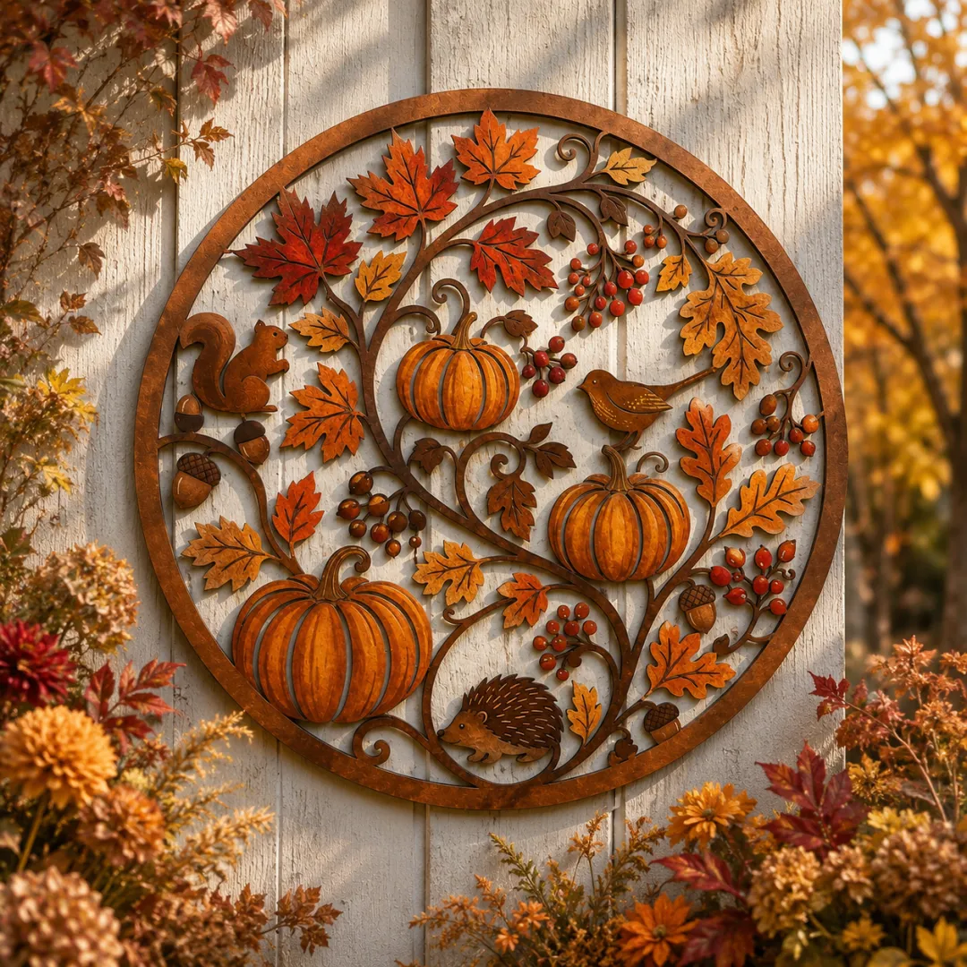 🍂🎃 Autumn Pumpkin & Animal Metal Sign — hang it up, and autumn arrives at your door
