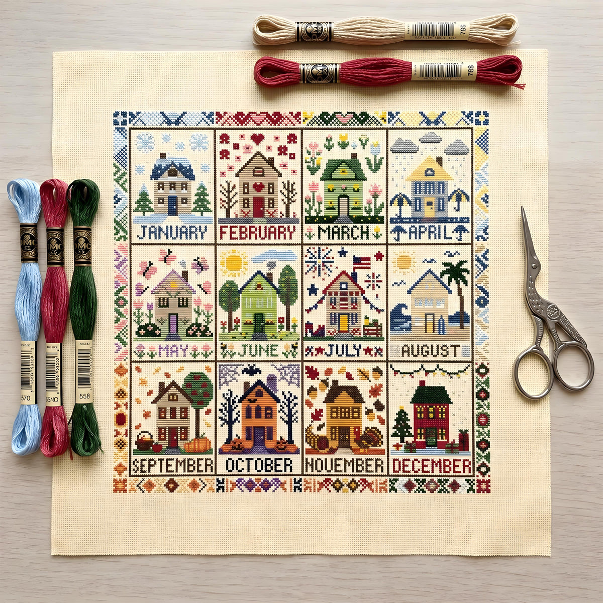 🌾🧵 12-Month Seasons & Holidays Cross Stitch Kit — pre‑printed fabric, so you can stitch without the counting