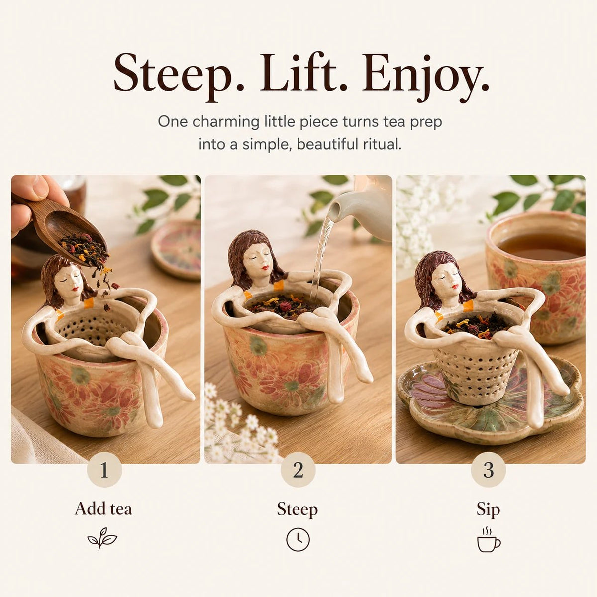 ☕🏺Whimsical Sitting Lady Ceramic Tea Strainer Collection