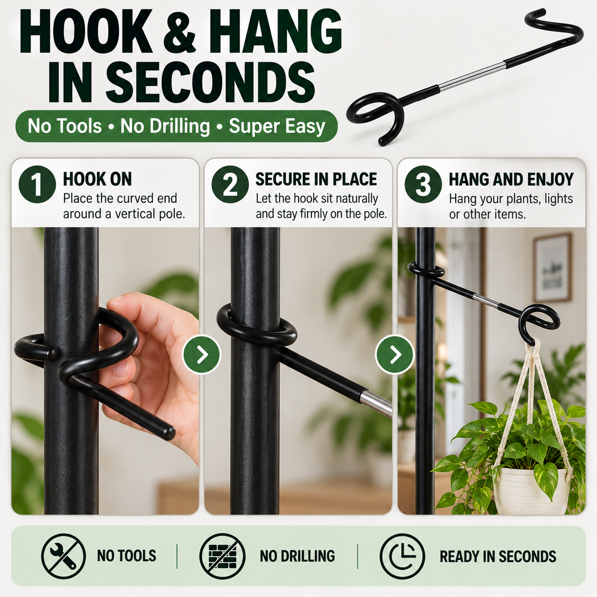 🪴🔧 No-Drill Plant Pole Hanging Hook--turn a vertical pole into extra hanging space