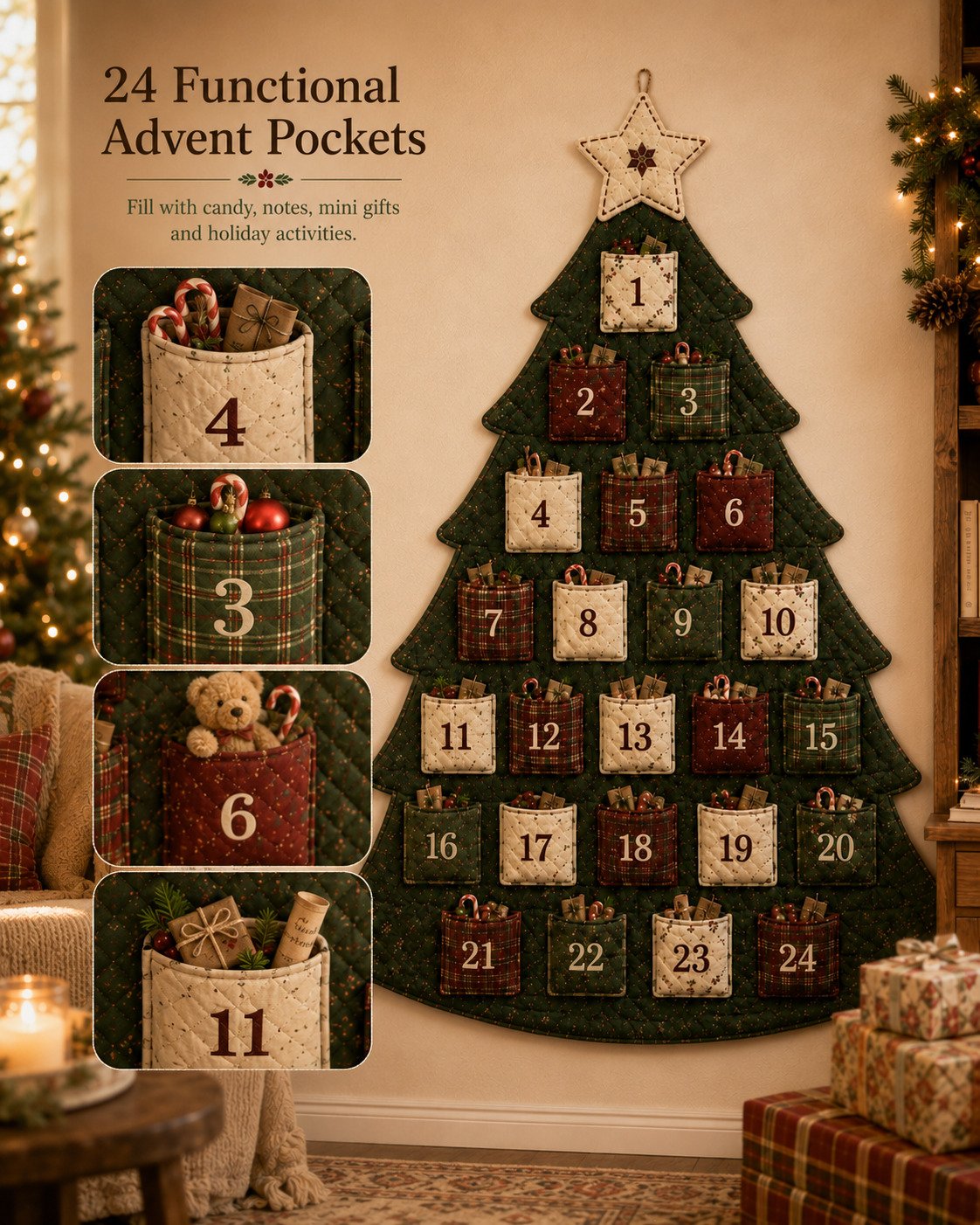 🧵🎄DIY 24-Pocket Fabric Christmas Advent Tree Kit— Craft Your Own Family Keepsake! ✨