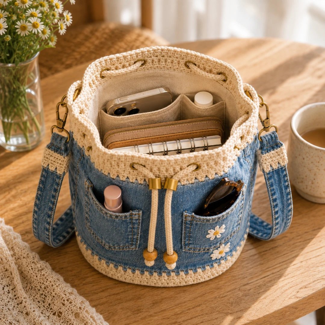 🏆 Promozione 40% DI SCONTO🧵 The Denim Crochet Daisy Bucket Bag👜