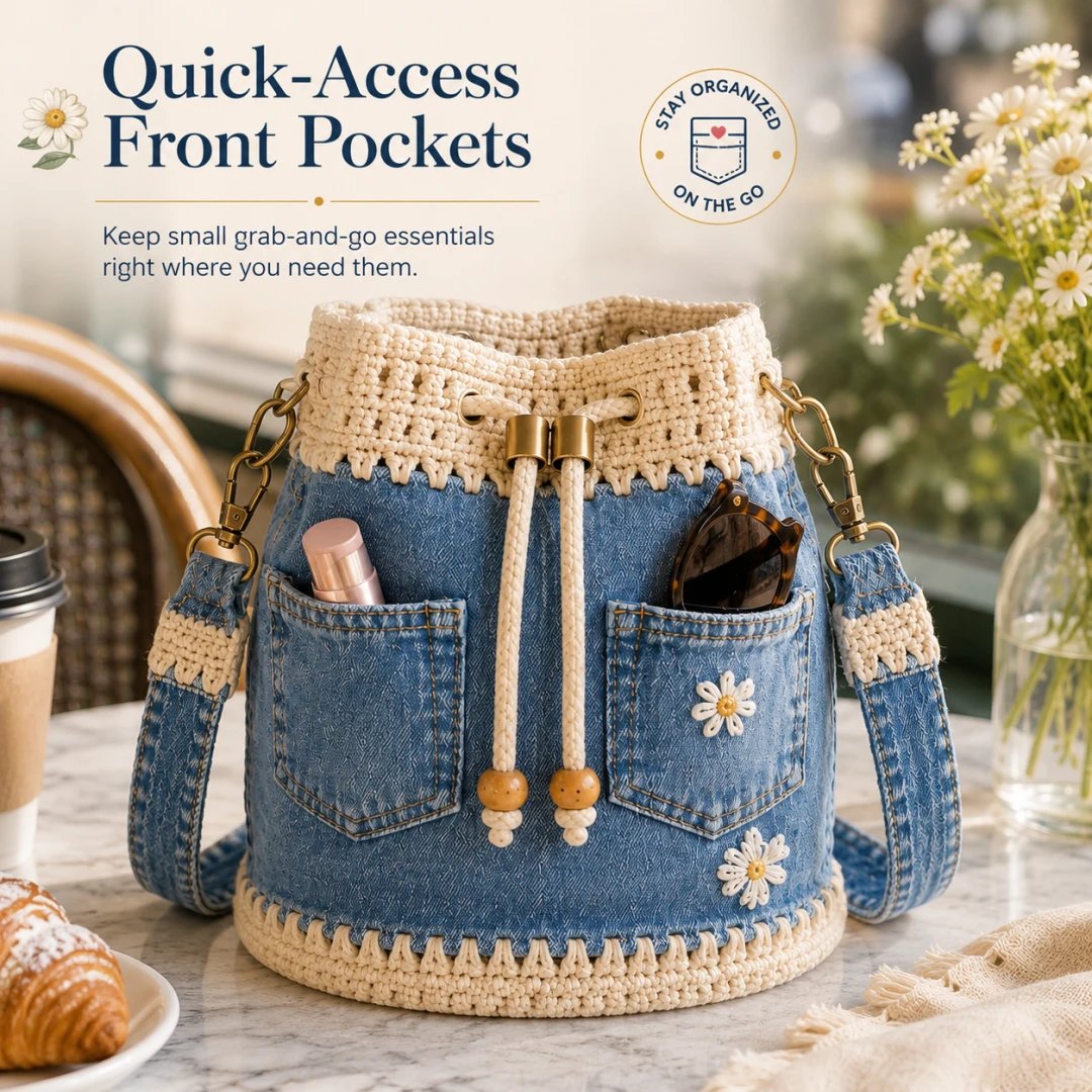 🏆 Promozione 40% DI SCONTO🧵 The Denim Crochet Daisy Bucket Bag👜