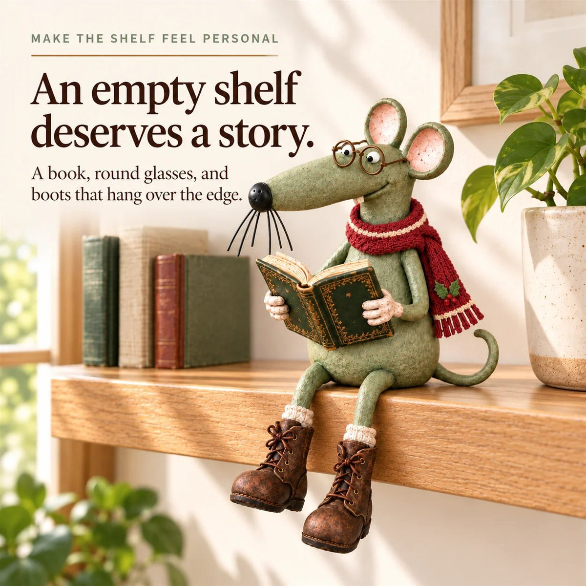 🐭📚 Whimsical Reading Mouse Shelf Sitter – a little reader for your bookshelf