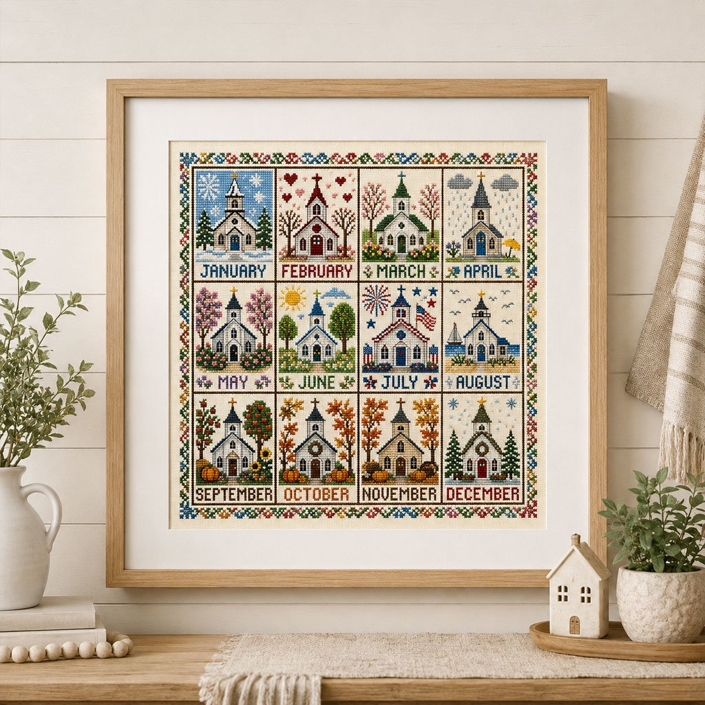🌾🧵 12-Month Seasons & Holidays Cross Stitch Kit — pre‑printed fabric, so you can stitch without the counting
