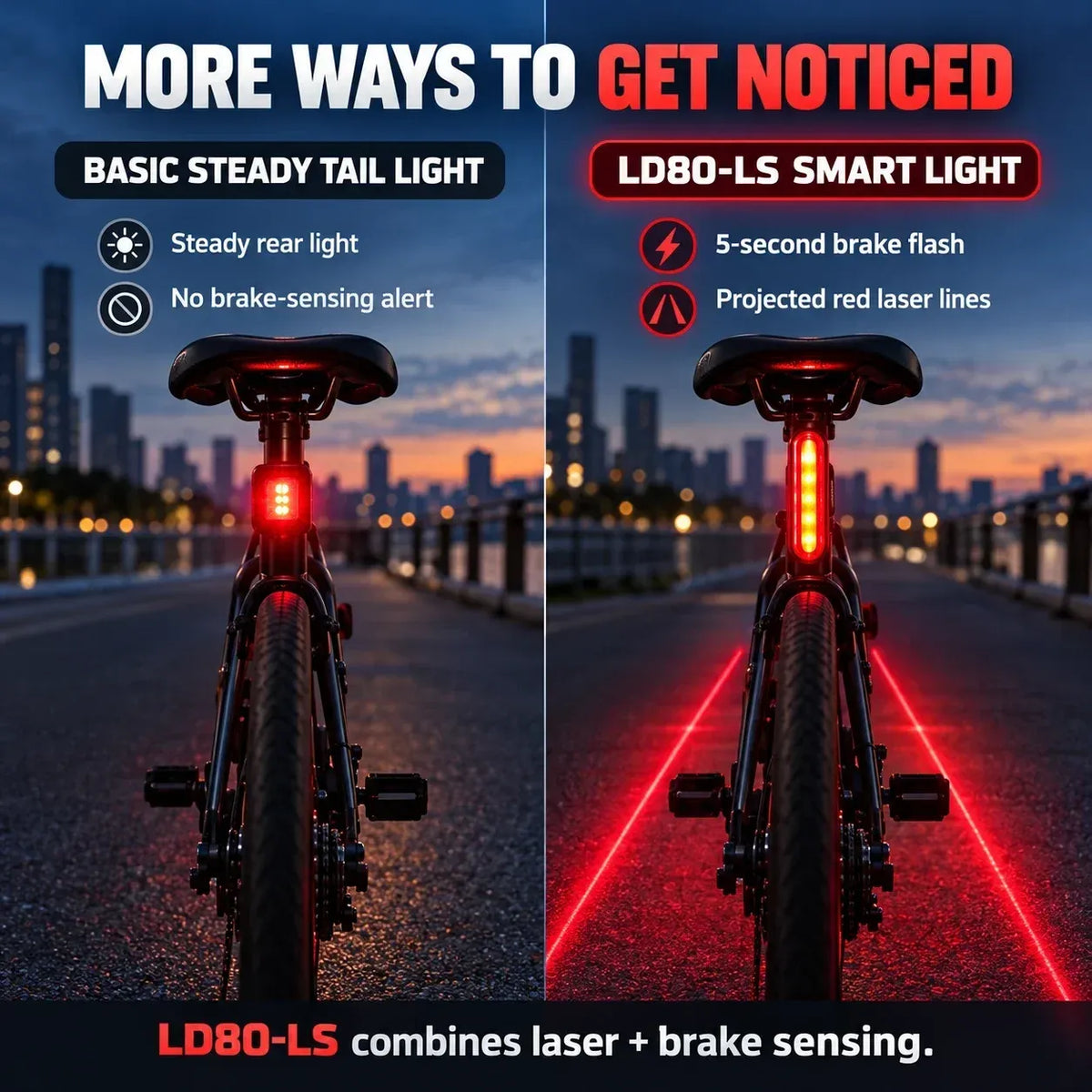 🚨 LED Bicycle Taillight with Smart Brake Sensing | Laser Safety Zone & 22H Battery Life (2 Mounts Included)