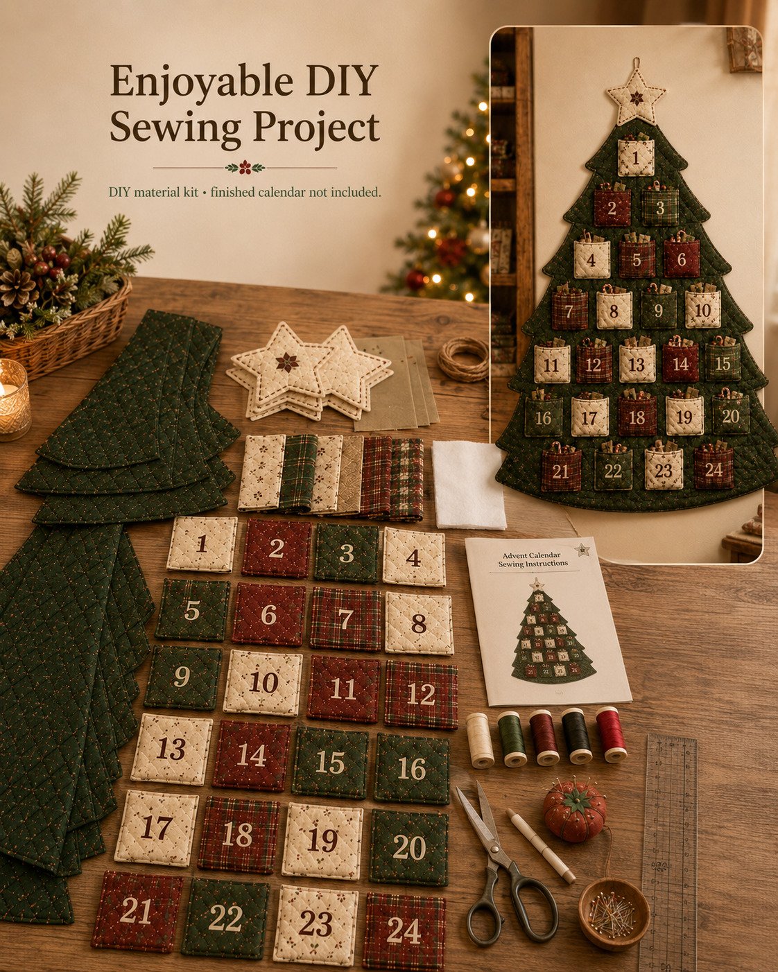 🧵🎄DIY 24-Pocket Fabric Christmas Advent Tree Kit— Craft Your Own Family Keepsake! ✨
