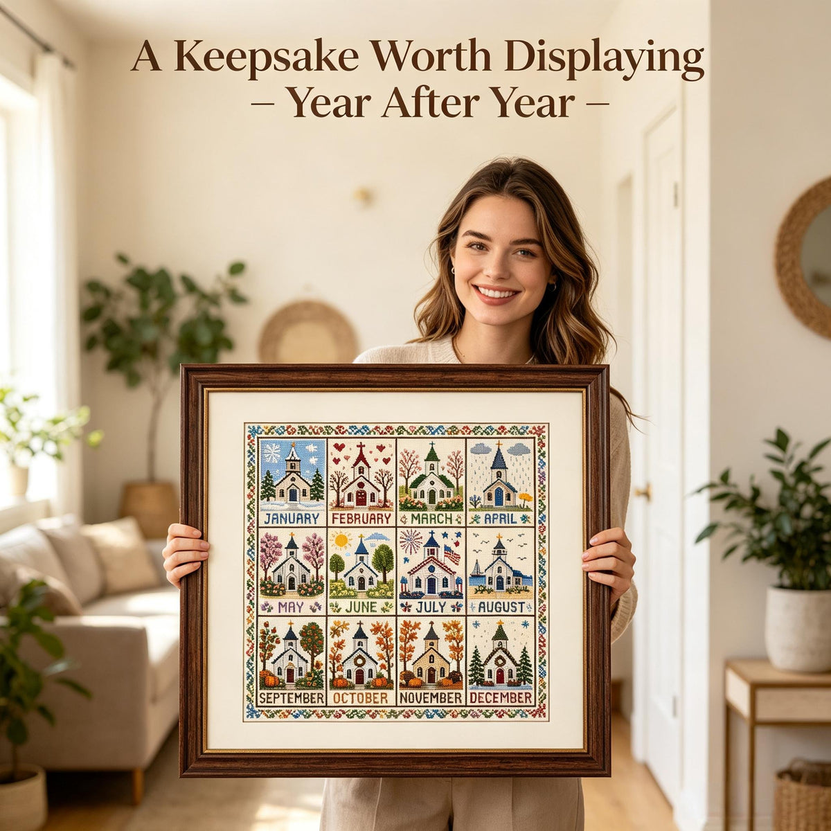 🌾🧵 12-Month Seasons & Holidays Cross Stitch Kit — pre‑printed fabric, so you can stitch without the counting