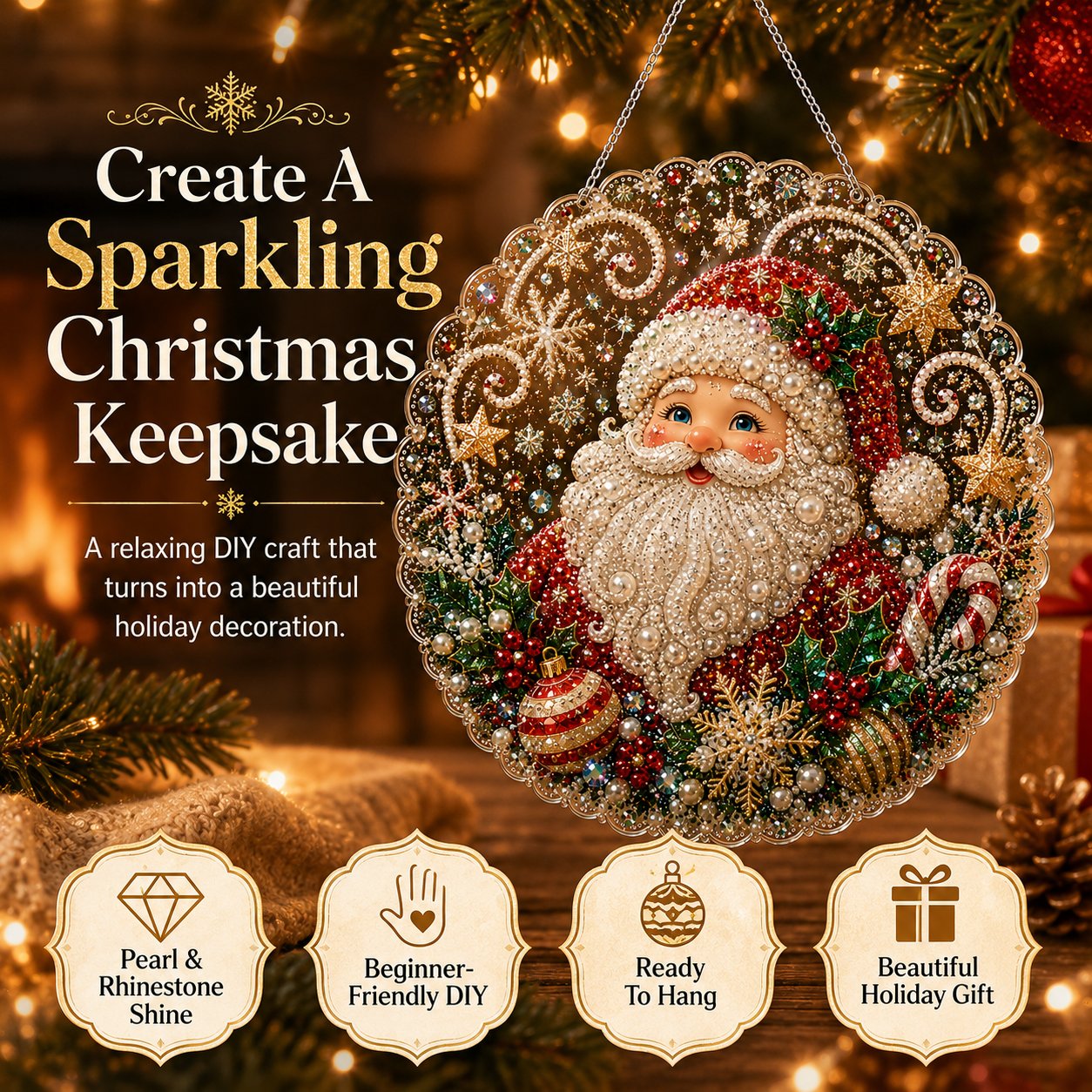 🎄 Christmas Pearl Diamond Art Acrylic Hanging Plaque Kit | Scratch-Resistant Non-Fading Board with Pearl Beads | DIY Handmade Holiday Decor 🎅💎