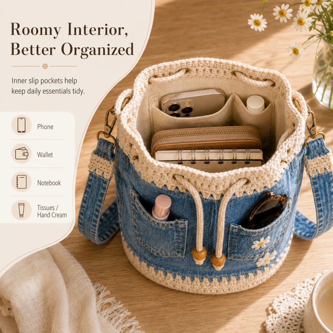 🏆 Promozione 40% DI SCONTO🧵 The Denim Crochet Daisy Bucket Bag👜