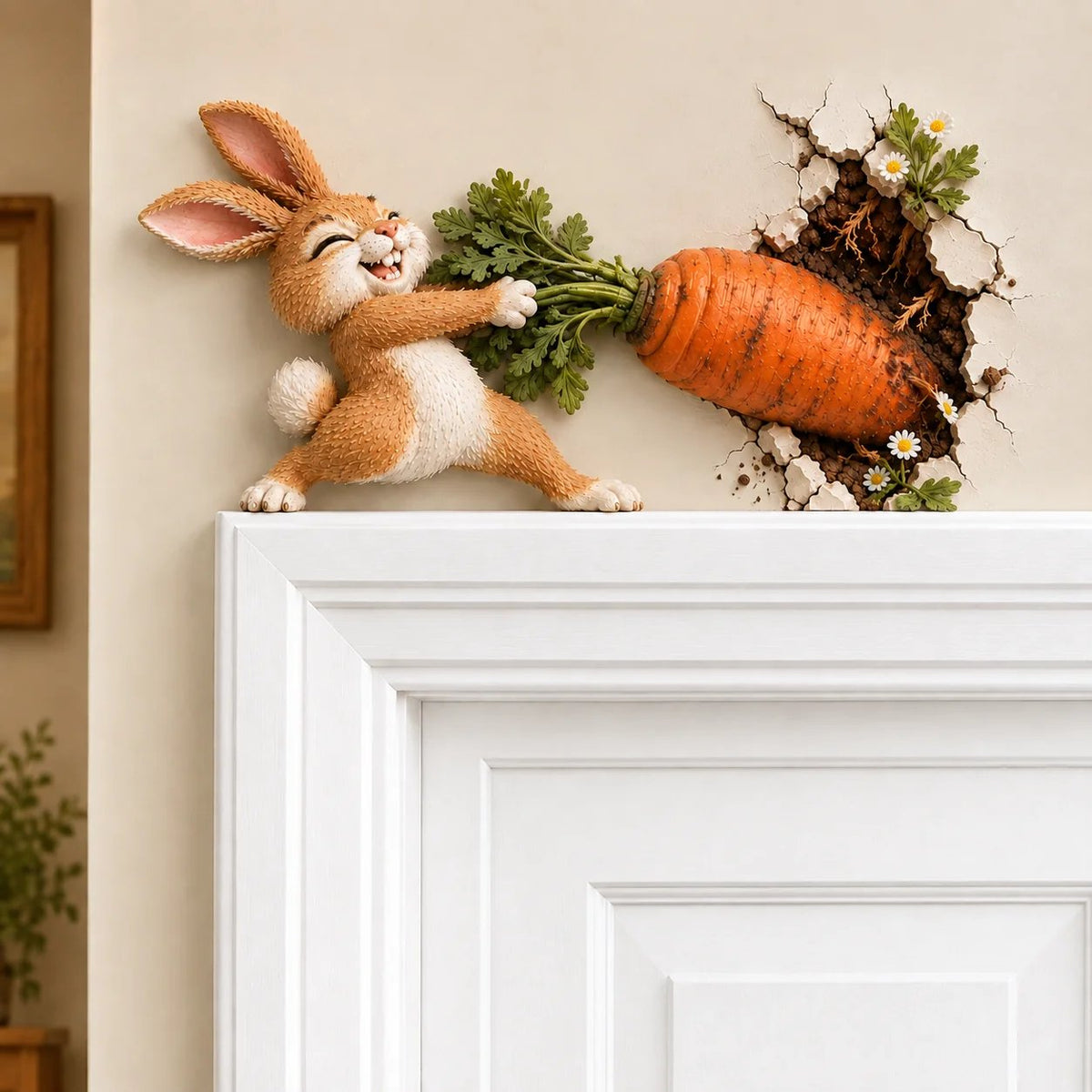 🐰🥕 Funny Bunny Pulling Carrot Wall Decor — Wall-Breakthrough Wooden Spring & Easter Decoration