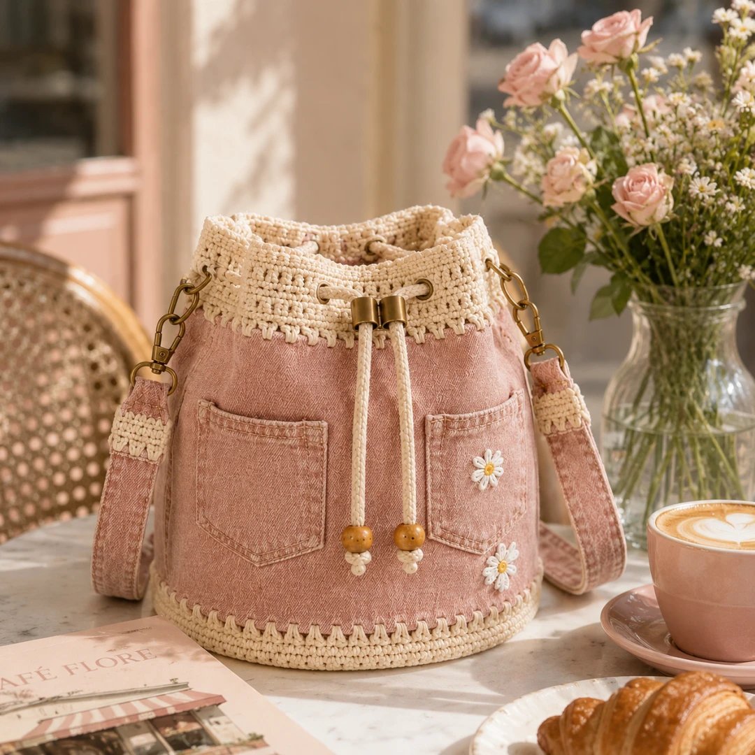 🏆 Promozione 40% DI SCONTO🧵 The Denim Crochet Daisy Bucket Bag👜