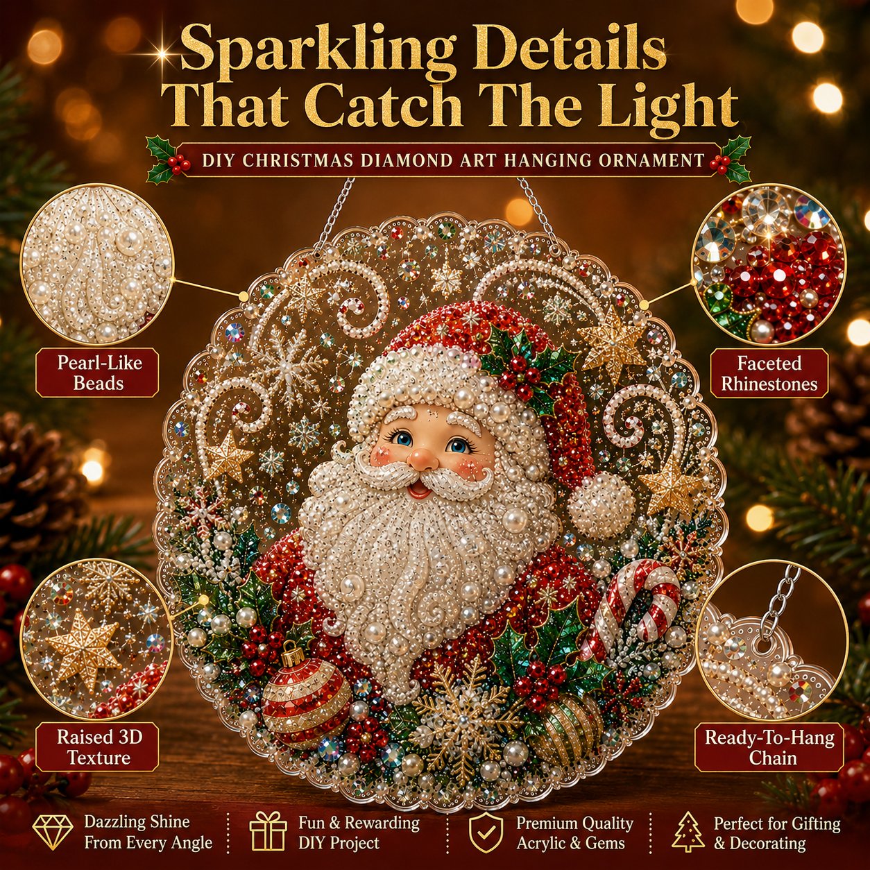 🎄 Christmas Pearl Diamond Art Acrylic Hanging Plaque Kit | Scratch-Resistant Non-Fading Board with Pearl Beads | DIY Handmade Holiday Decor 🎅💎