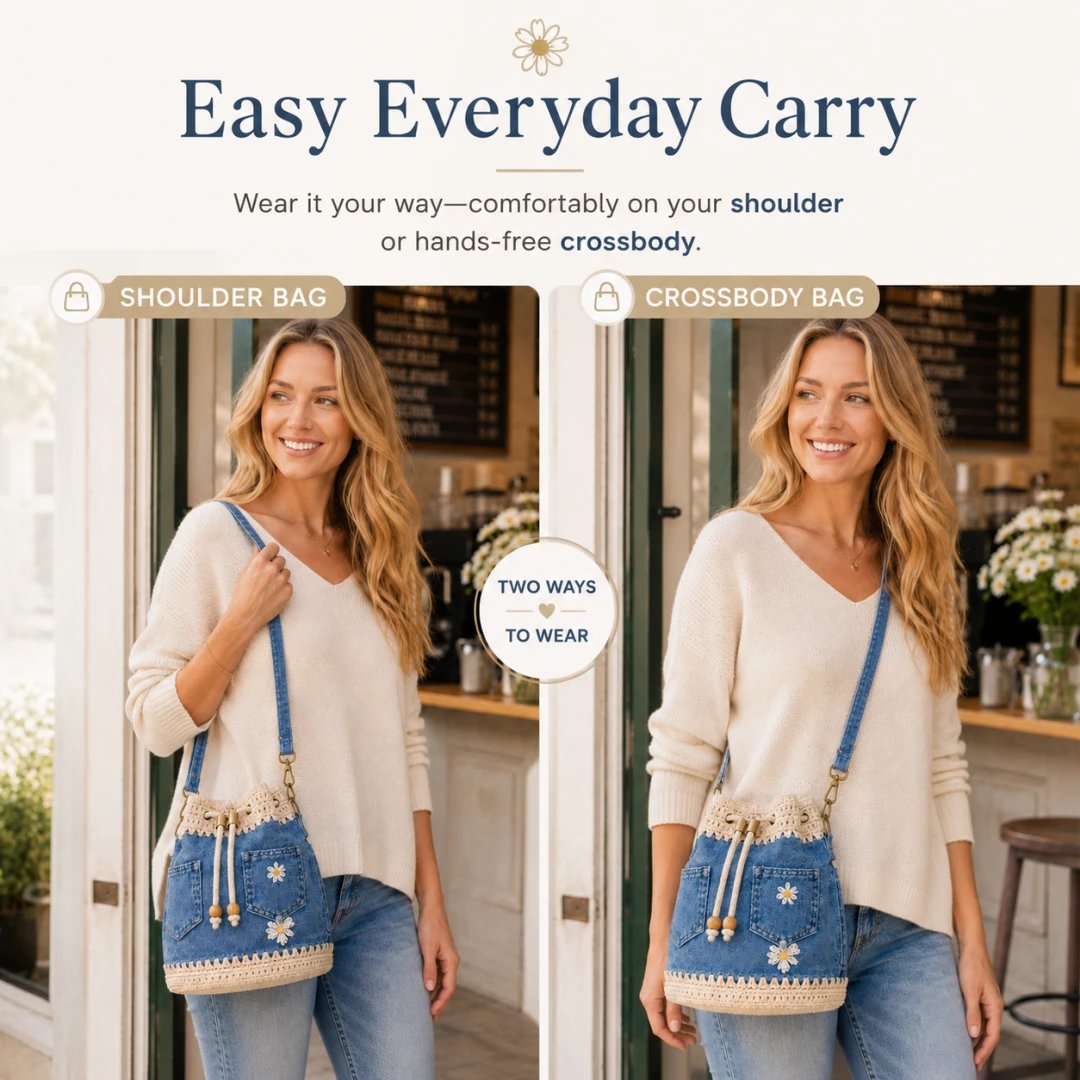 🏆 Promozione 40% DI SCONTO🧵 The Denim Crochet Daisy Bucket Bag👜