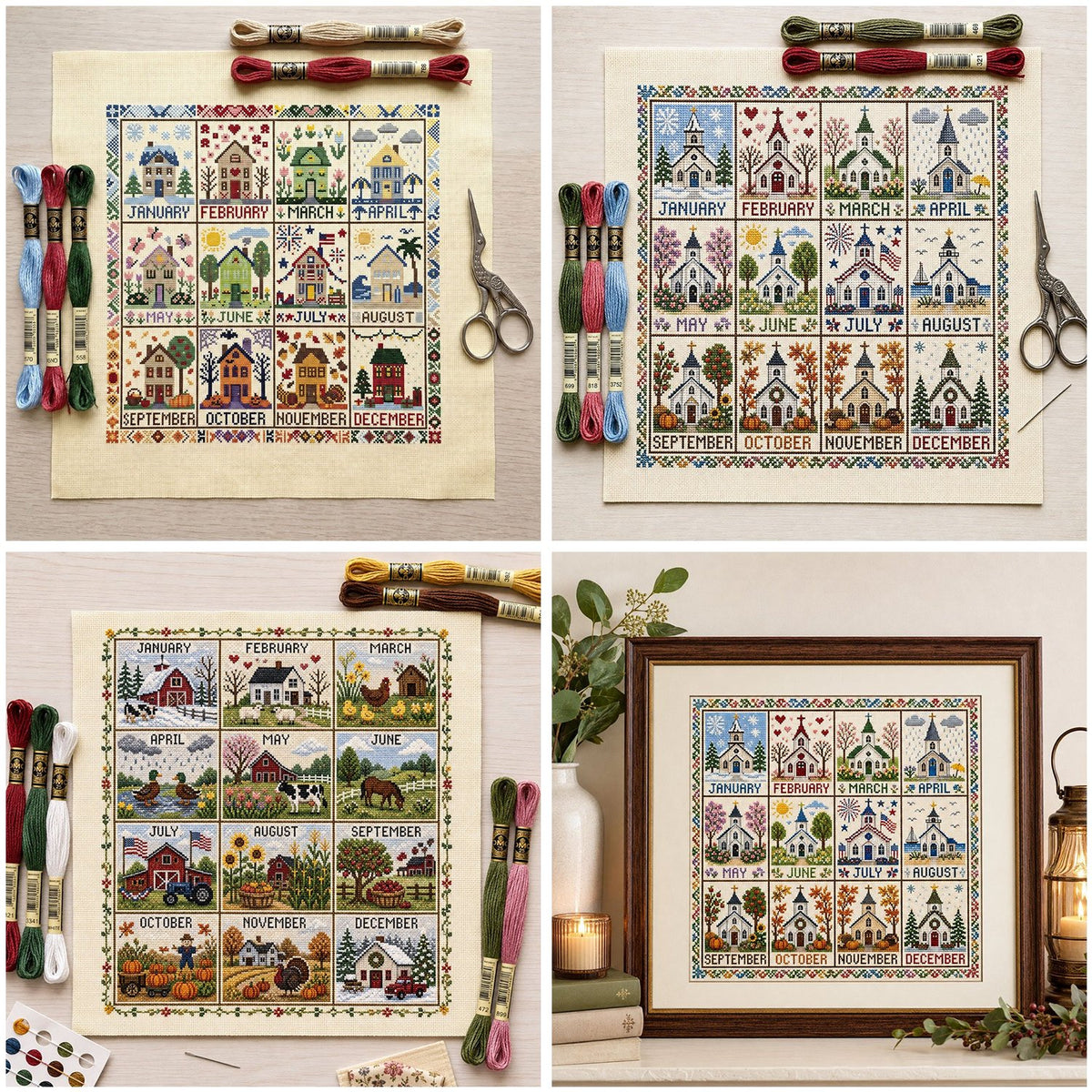 🌾🧵 12-Month Seasons & Holidays Cross Stitch Kit — pre‑printed fabric, so you can stitch without the counting