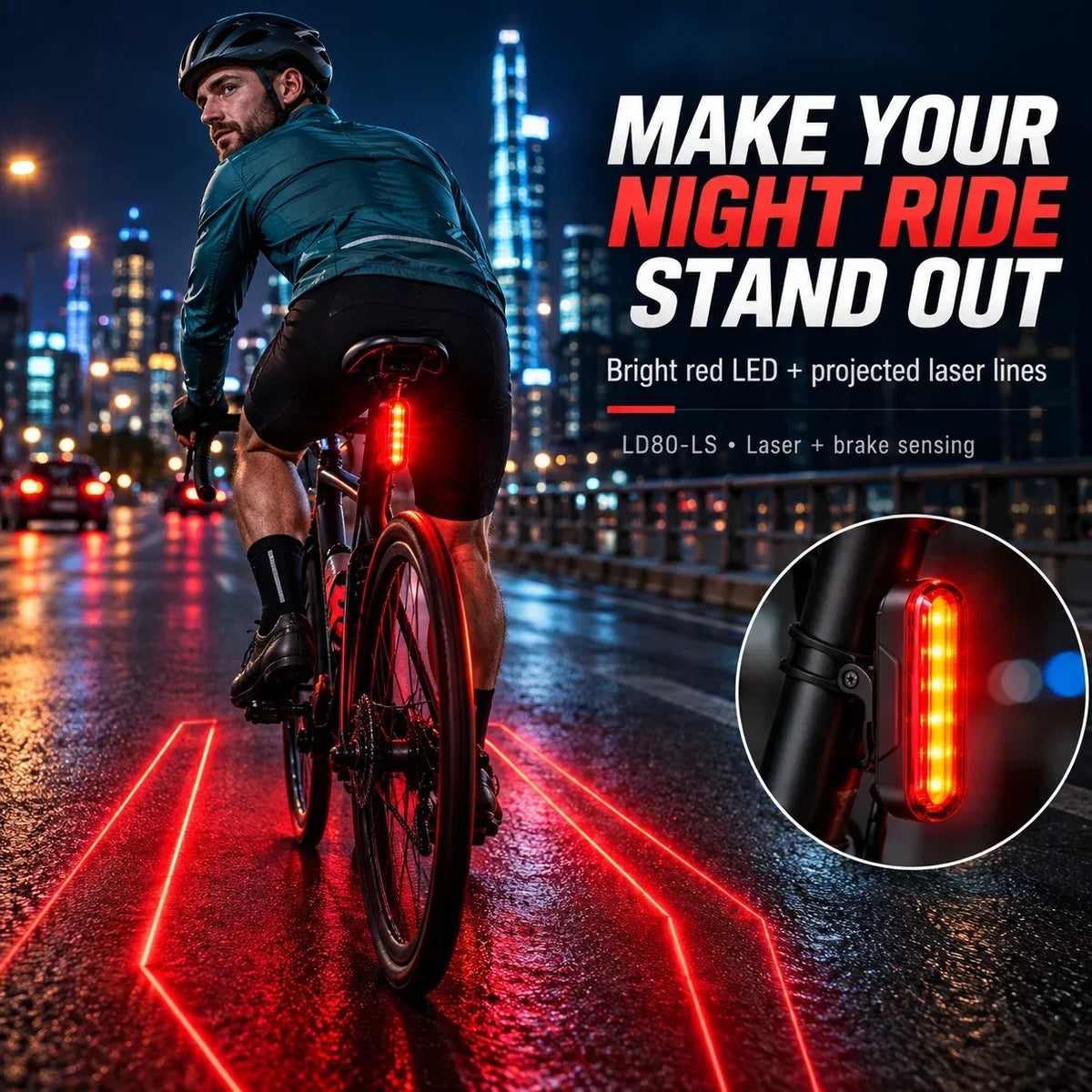 🚨 LED Bicycle Taillight with Smart Brake Sensing | Laser Safety Zone & 22H Battery Life (2 Mounts Included)