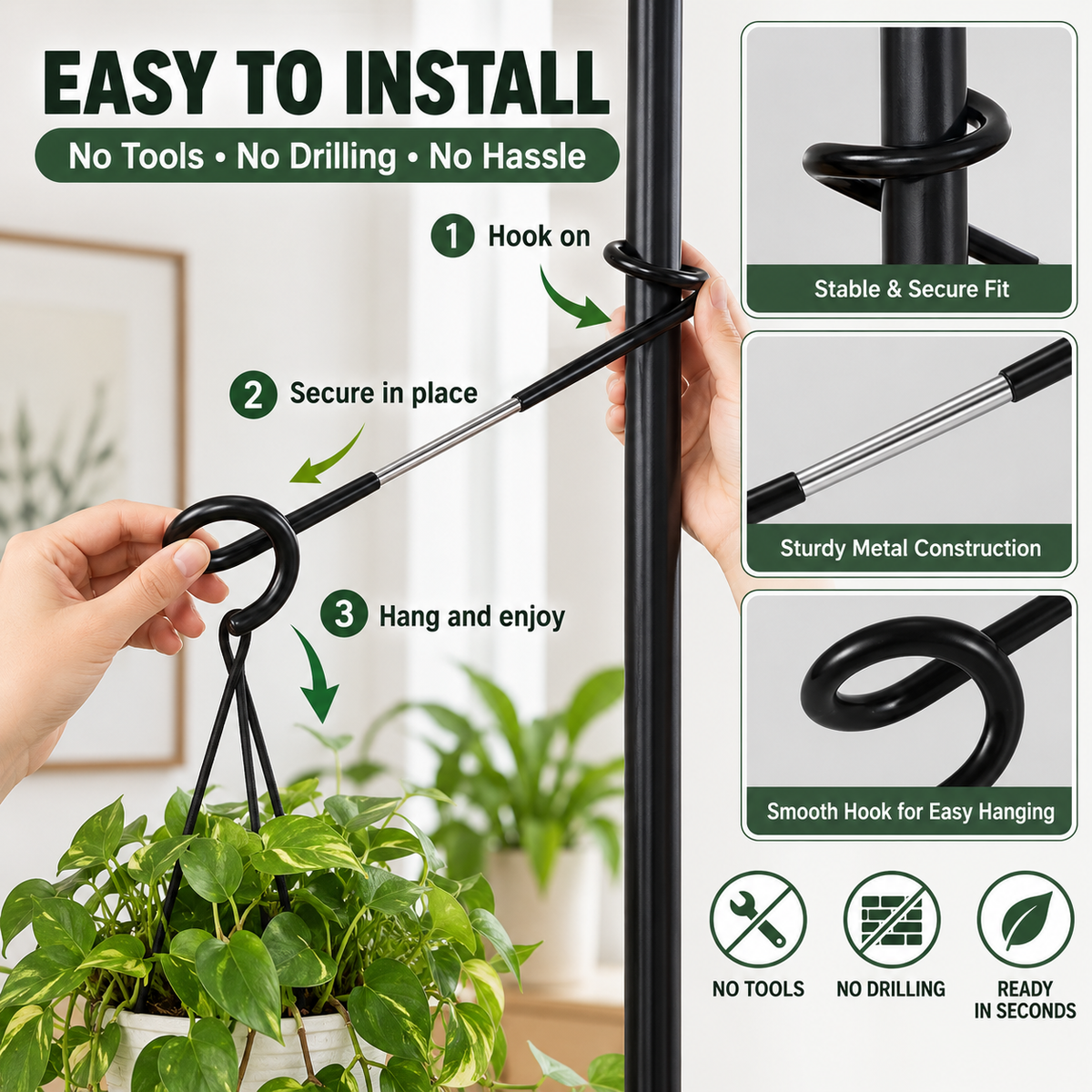 🪴🔧 No-Drill Plant Pole Hanging Hook--turn a vertical pole into extra hanging space
