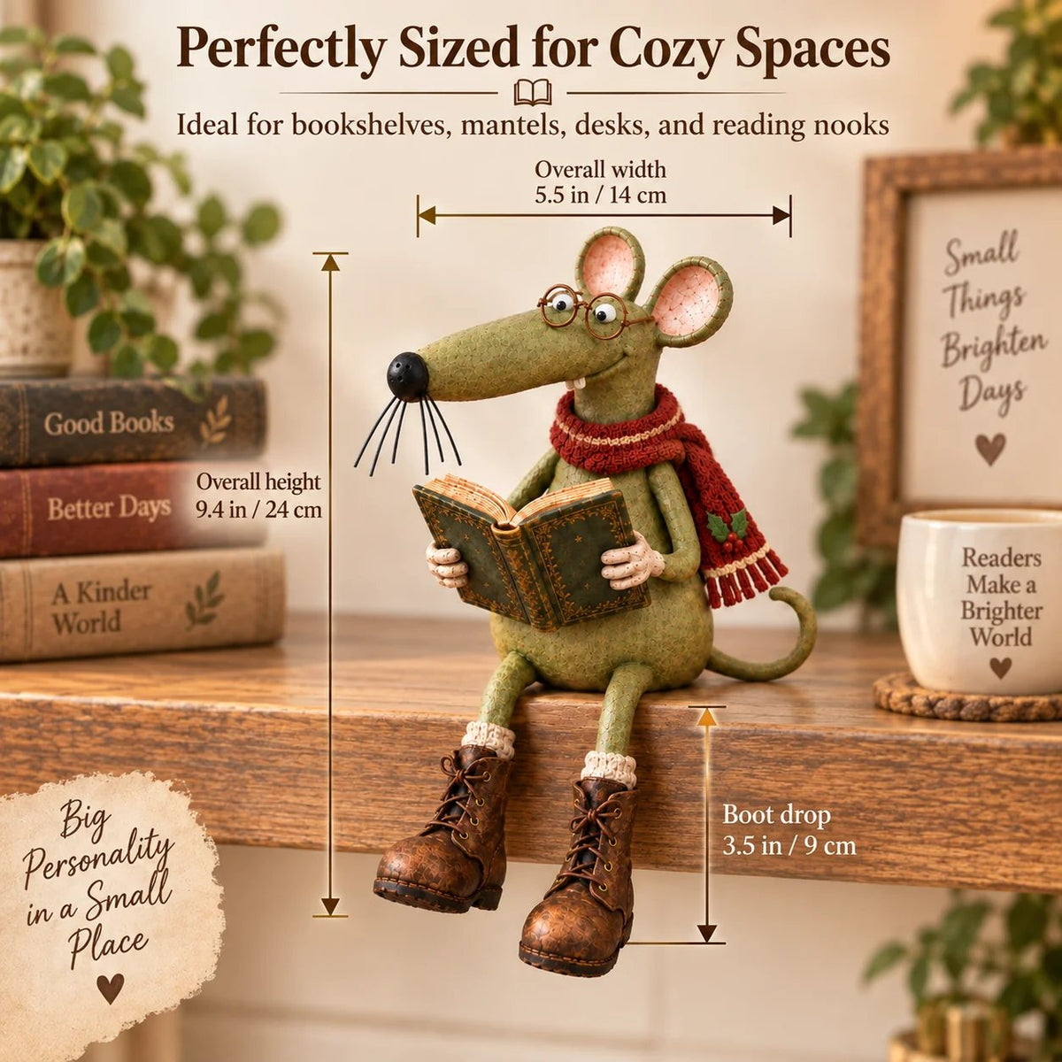 🐭📚 Whimsical Reading Mouse Shelf Sitter – a little reader for your bookshelf