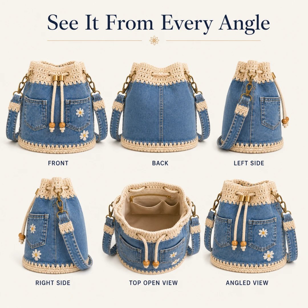 🏆 Promozione 40% DI SCONTO🧵 The Denim Crochet Daisy Bucket Bag👜